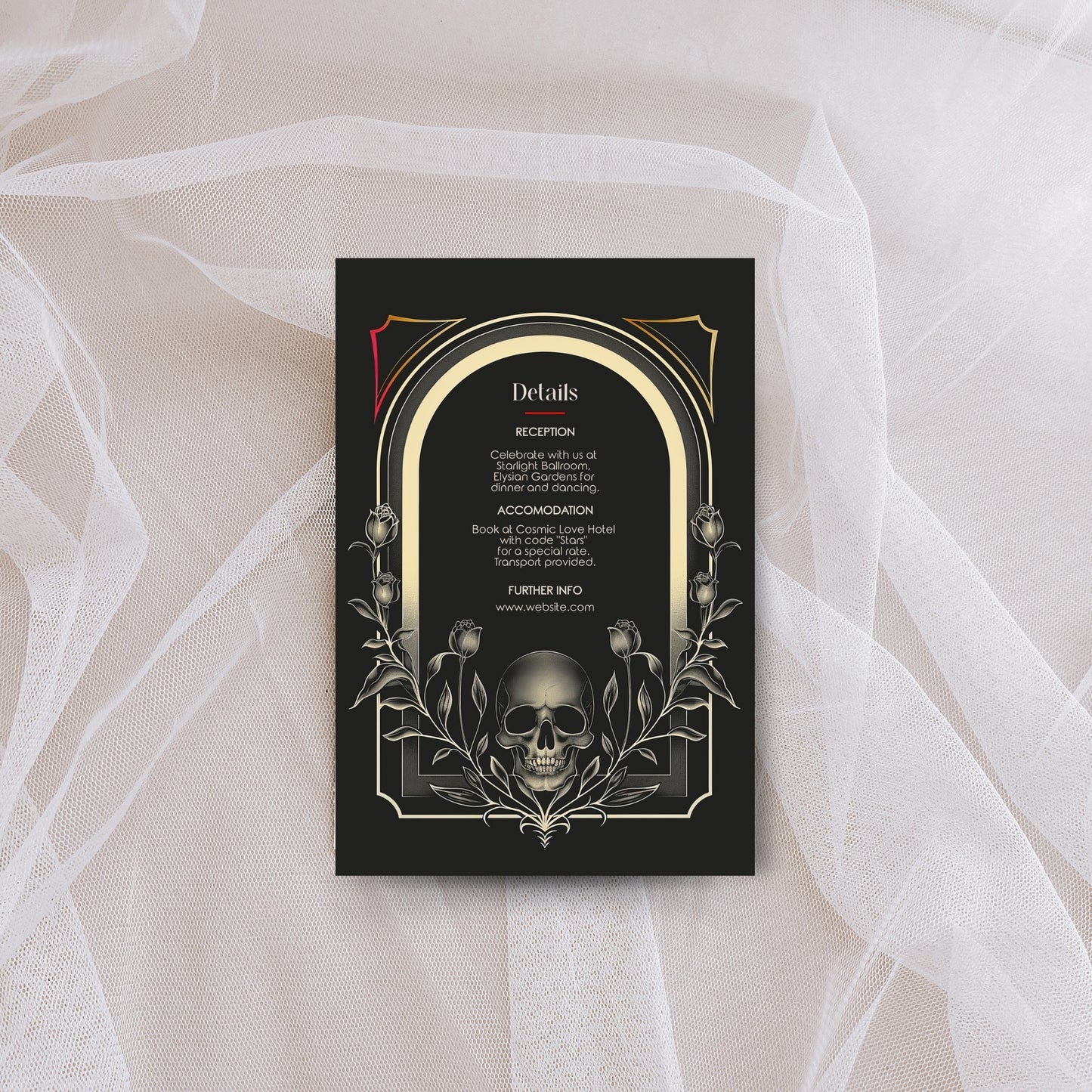 Black invitation card with skull design on a sheer fabric background