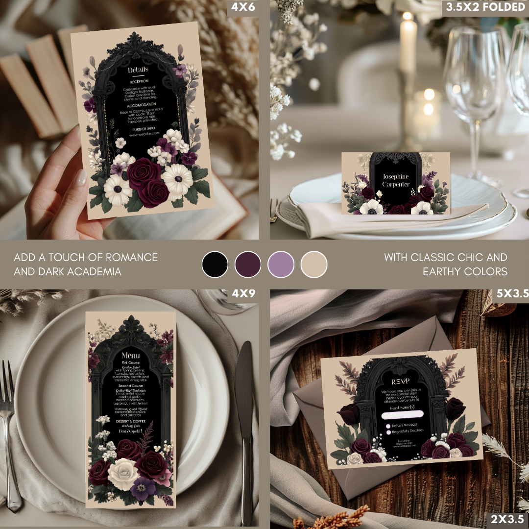 Gothic Floral Wedding Invitation Bundle - Black Arch and Burgundy Stationery Set, Editable 8 items