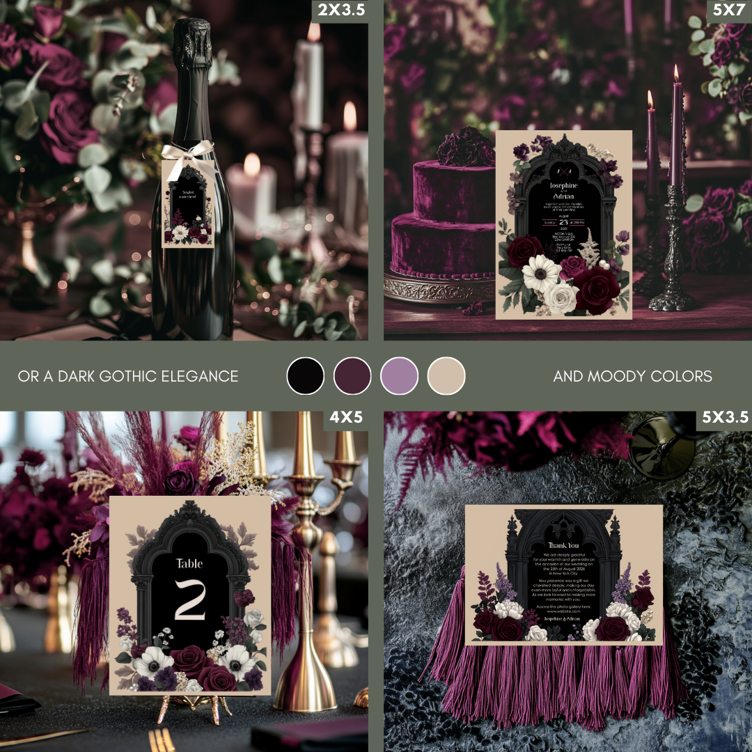 Gothic Floral Wedding Invitation Bundle - Black Arch and Burgundy Stationery Set, Editable 8 items