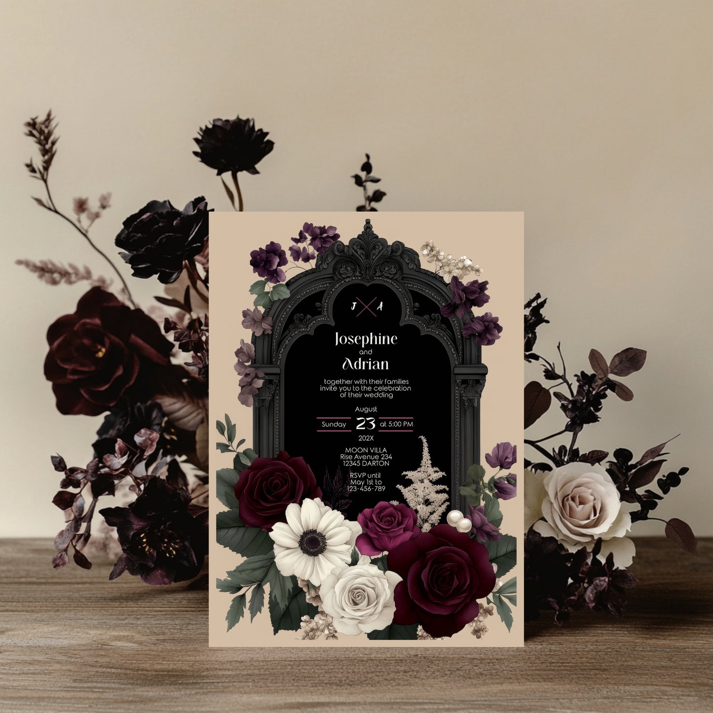 Gothic Floral Wedding Invitation Bundle - Black Arch and Burgundy Stationery Set, Editable 8 items
