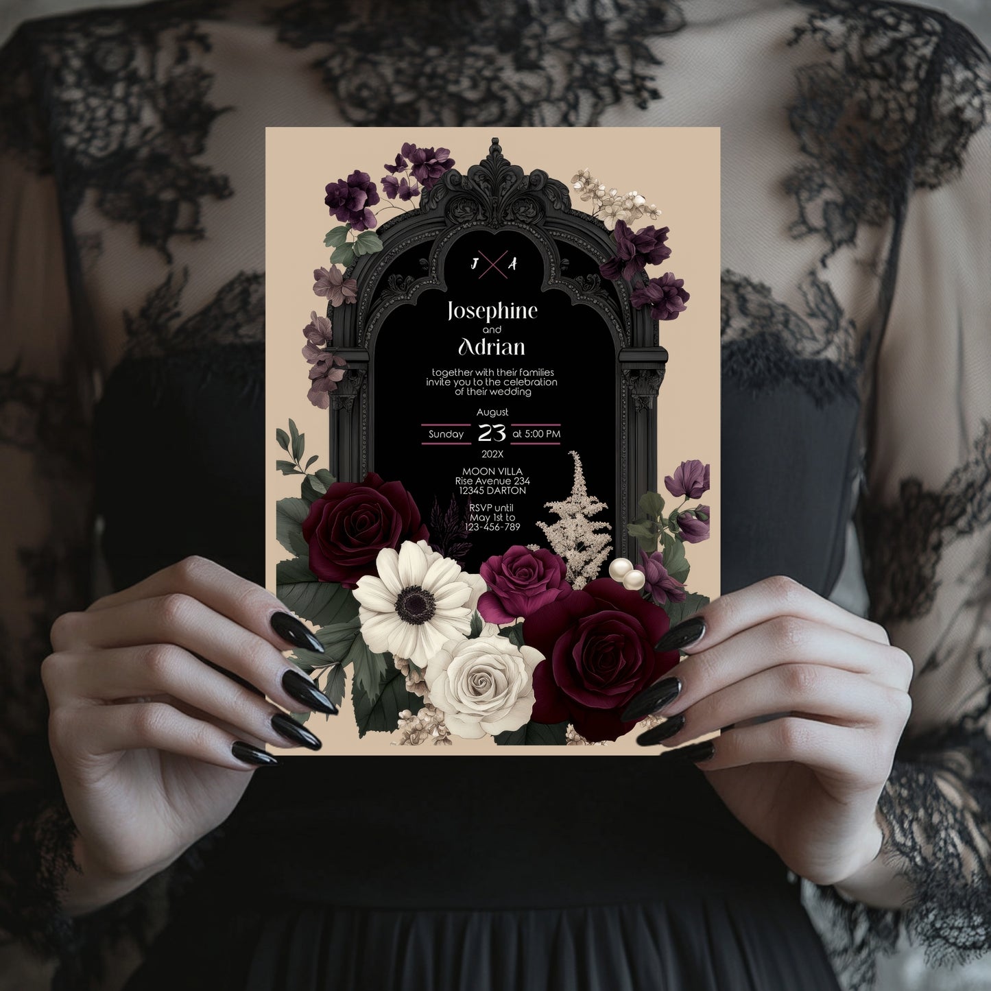 Gothic Floral Wedding Invitation Bundle - Black Arch and Burgundy Stationery Set, Editable 8 items
