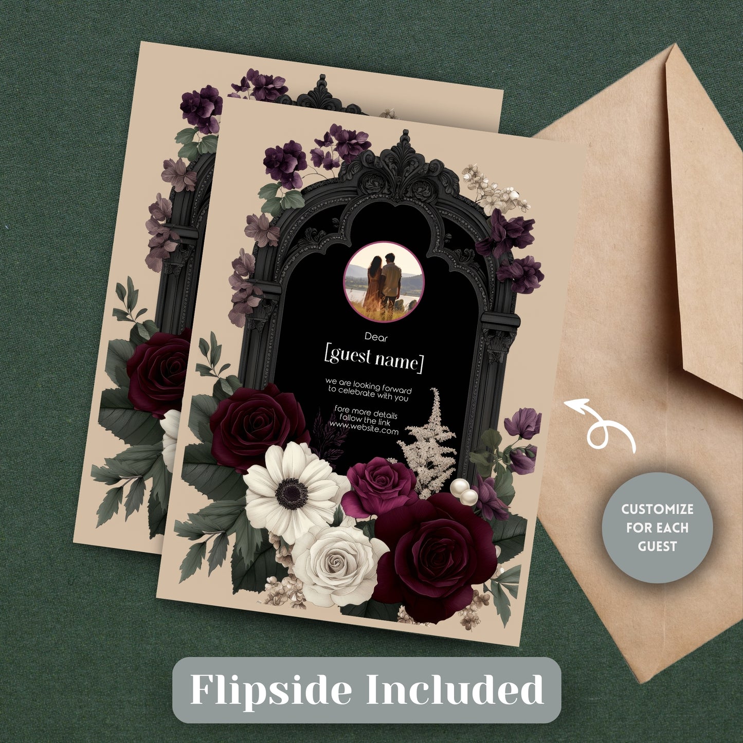 Gothic Floral Wedding Invitation Bundle - Black Arch and Burgundy Stationery Set, Editable 8 items