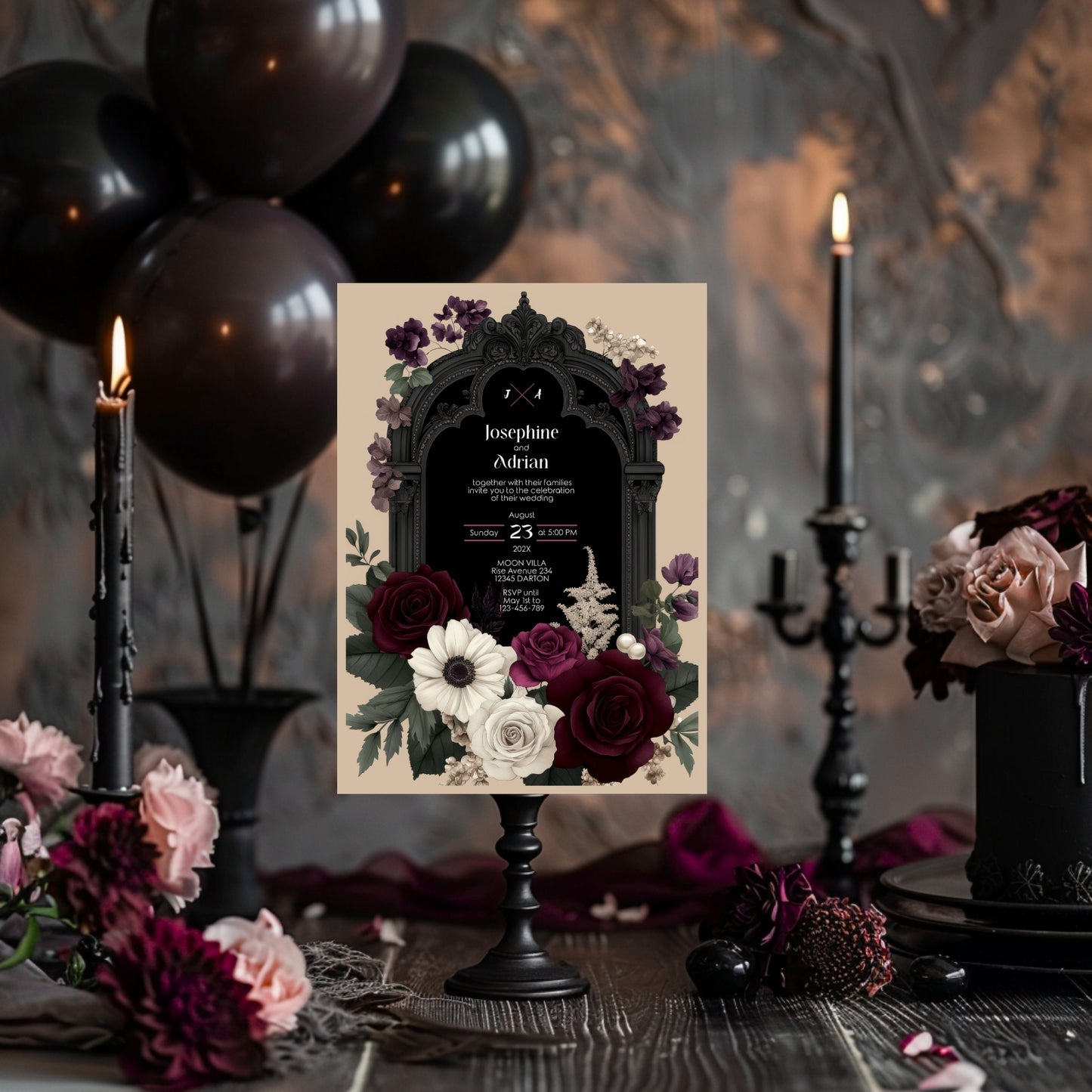 Gothic Floral Wedding Invitation Bundle - Black Arch and Burgundy Stationery Set, Editable 8 items