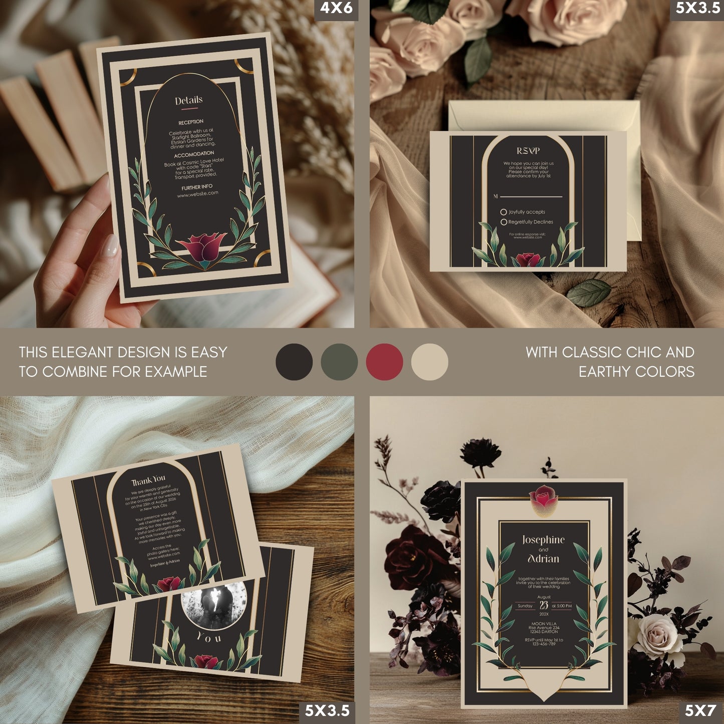 Collage of wedding invitation cards with floral designs and text, displayed on a wooden surface.