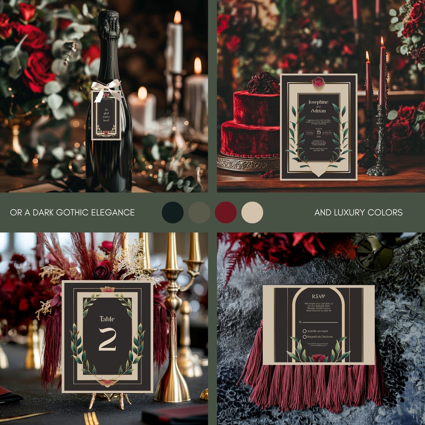 vintage wedding invitation set with gift tag, invitation, table card, rsvp card on different backgrounds