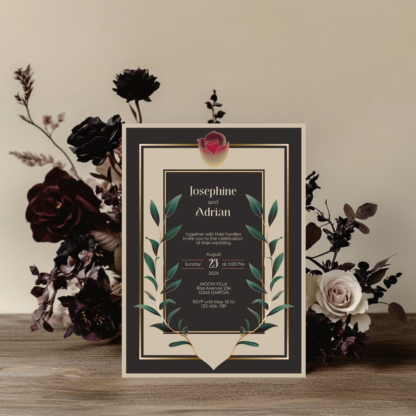 editable vintage Wedding invitation card with red rose floral design on a wooden surface