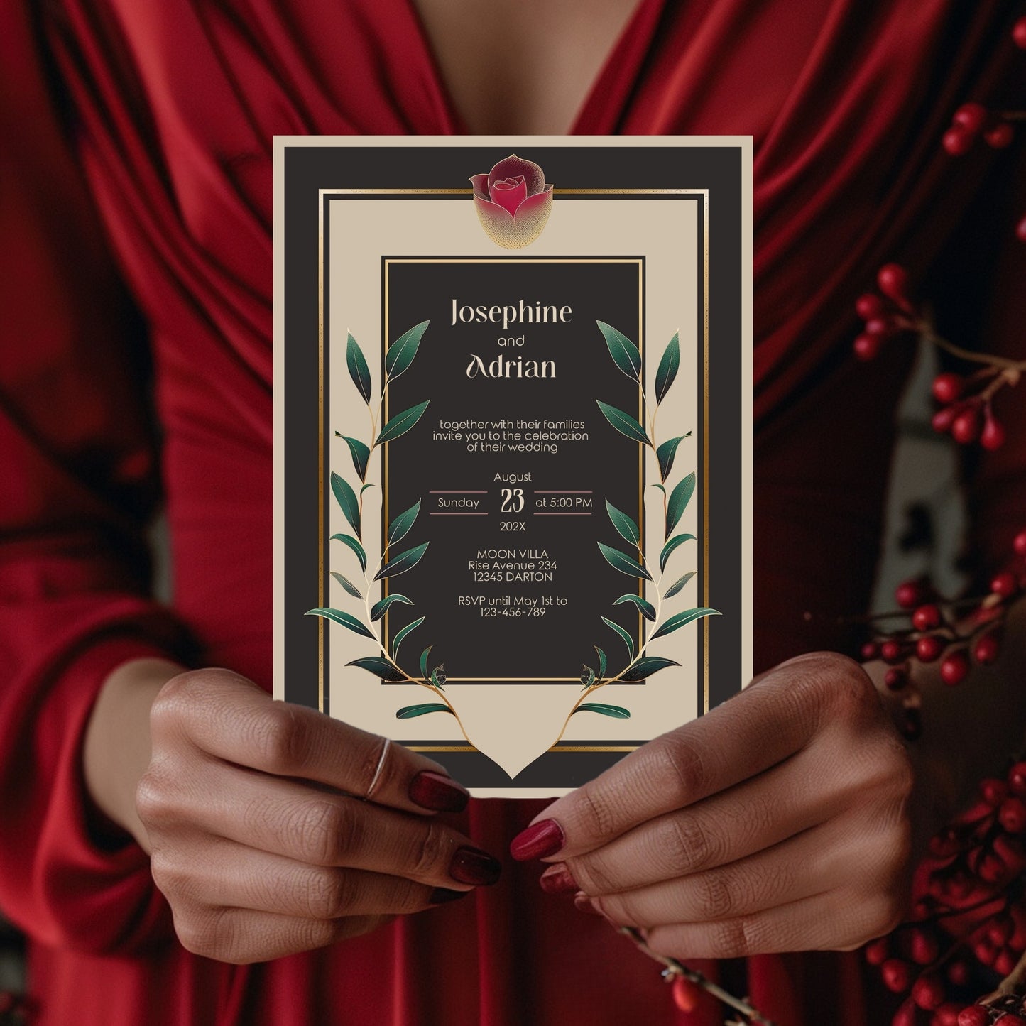 Person holding a vintage wedding invitation with decorative elements like gold frame and red rose