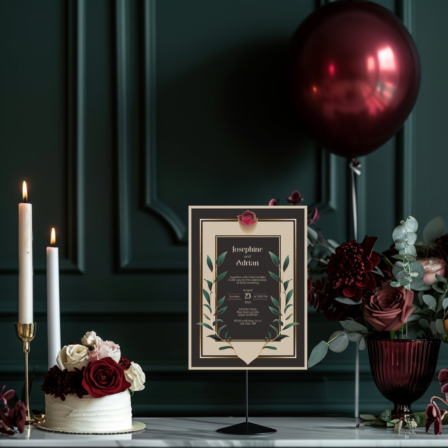 Decorative setup with a framed vintage wedding invitation, candles, and flowers against a dark green wall.