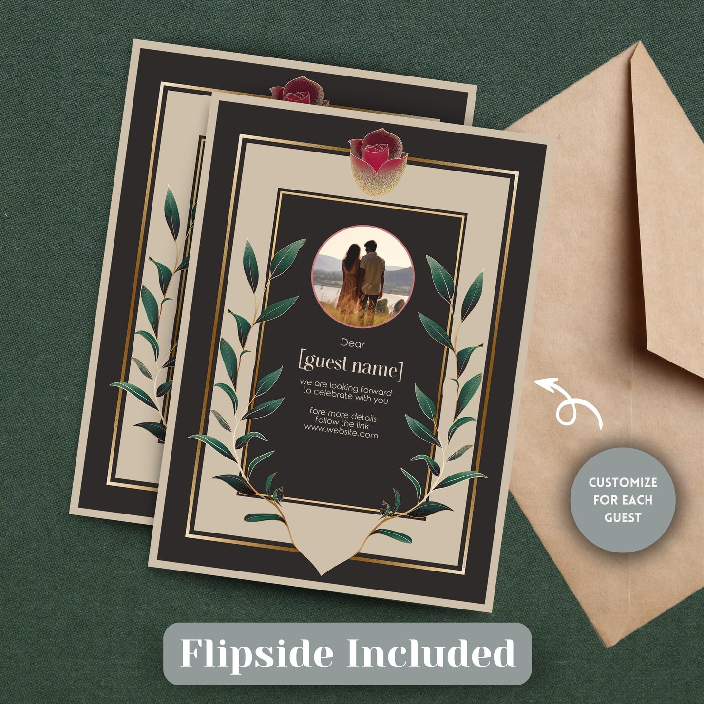 editable vintage Wedding invitation card with personal photo and envelope on a green background