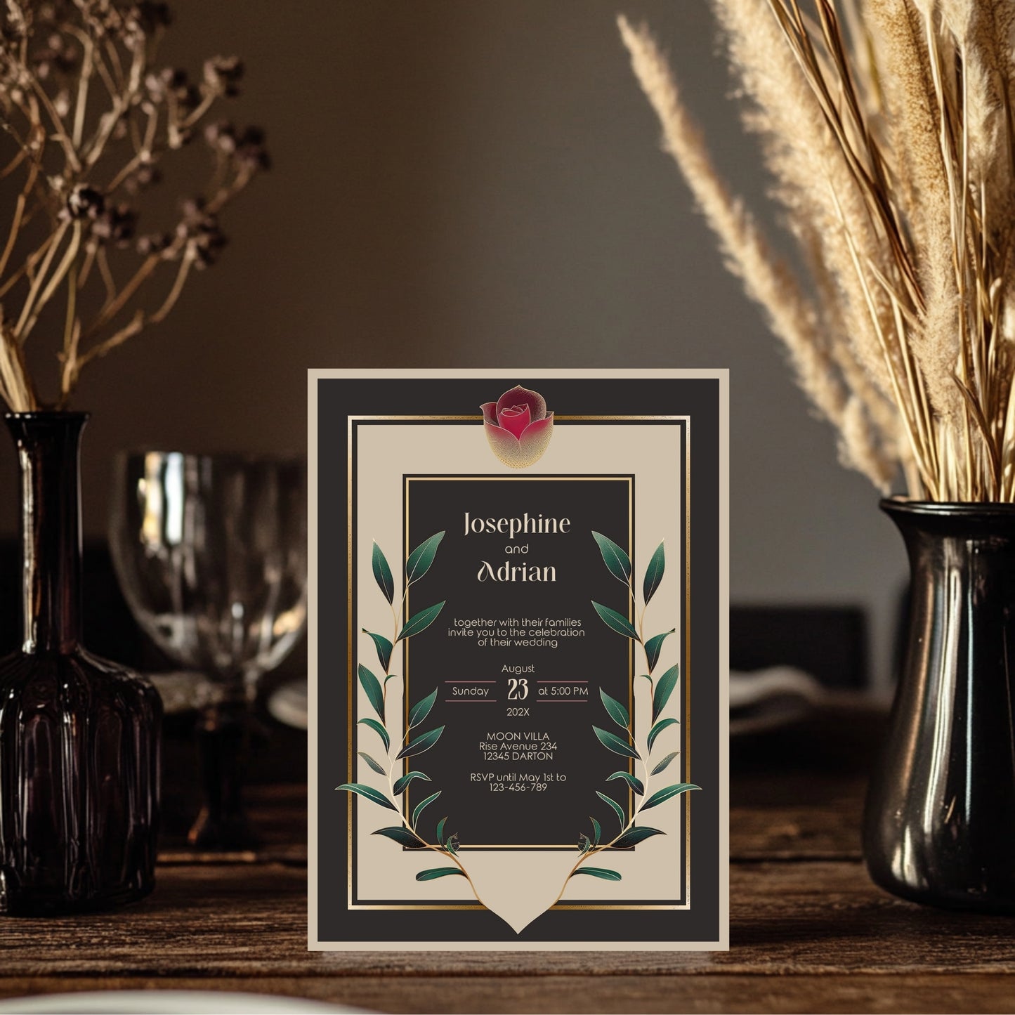 editable vintage Wedding invitation card with decorative elements like red rose on a wooden table.