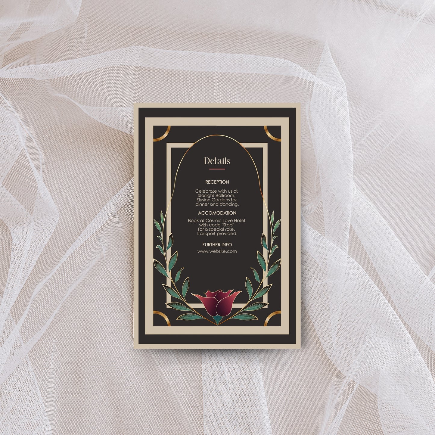 Decorative details card with floral design and text on a sheer fabric background