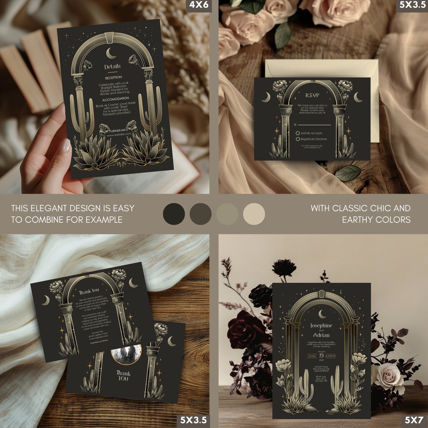 Dark Celestial Desert Wedding Invitation Set - Cactus and Moon Design, Editable 8 items, RSVP, Menu, Details & More, Digital Download