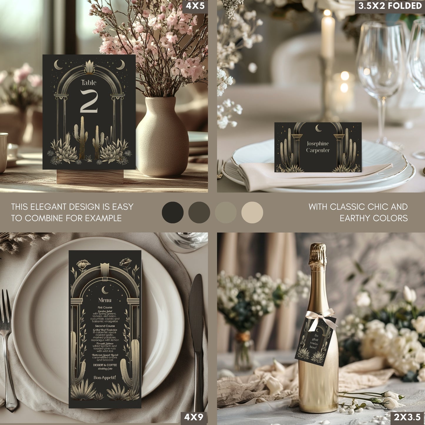 Dark Celestial Desert Wedding Invitation Set - Cactus and Moon Design, Editable 8 items, RSVP, Menu, Details & More, Digital Download