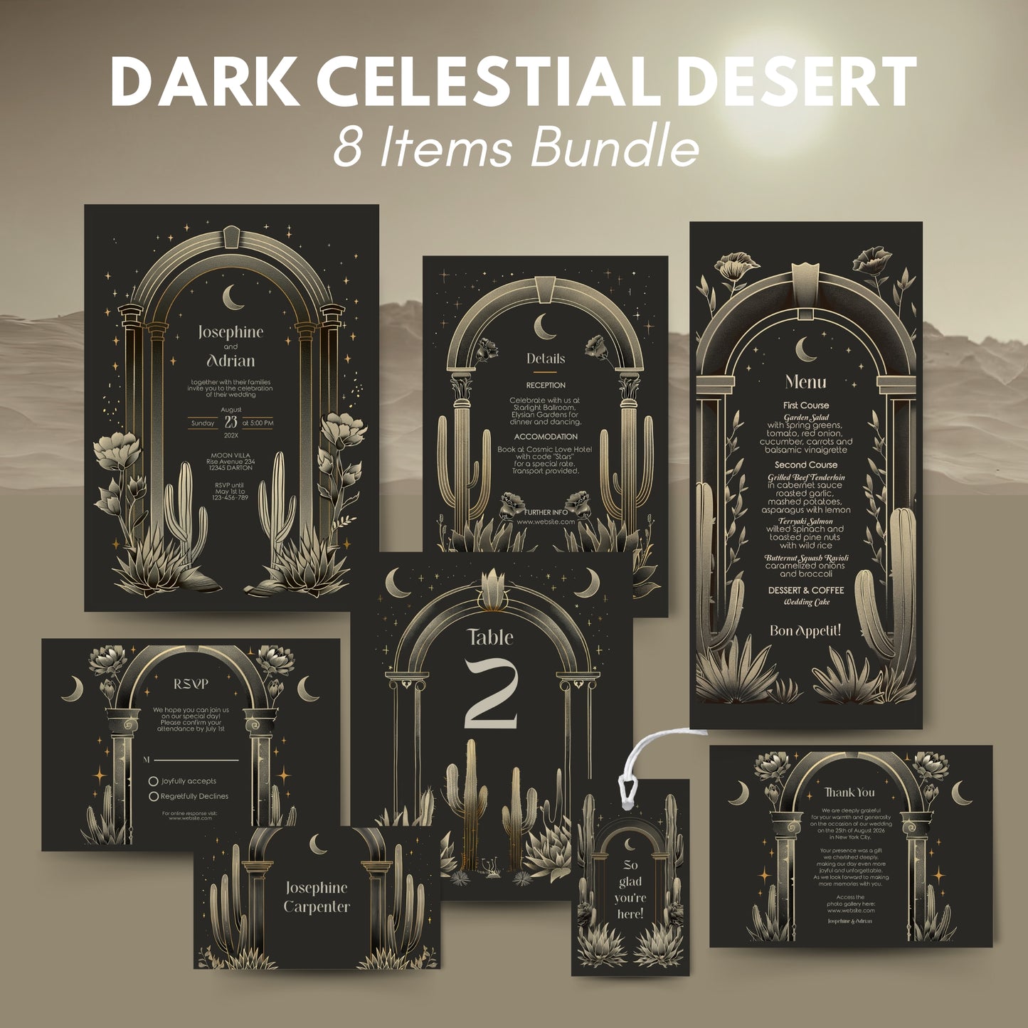 Dark Celestial Desert Wedding Invitation Set - Cactus and Moon Design, Editable 8 items, RSVP, Menu, Details & More, Digital Download