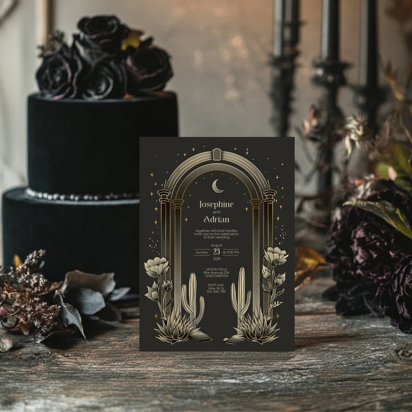 Dark Celestial Desert Wedding Invitation Set - Cactus and Moon Design, Editable 8 items, RSVP, Menu, Details & More, Digital Download