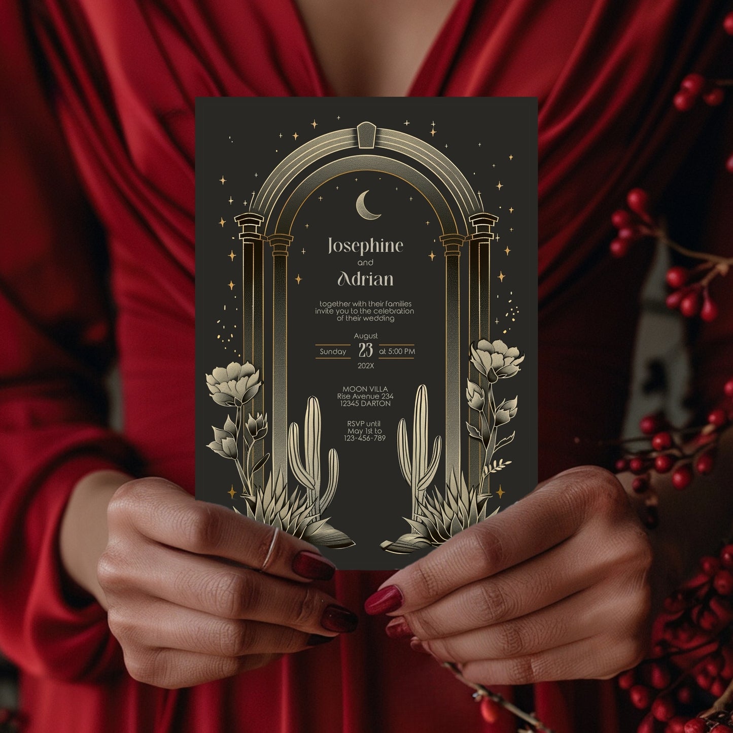 Dark Celestial Desert Wedding Invitation Set - Cactus and Moon Design, Editable 8 items, RSVP, Menu, Details & More, Digital Download