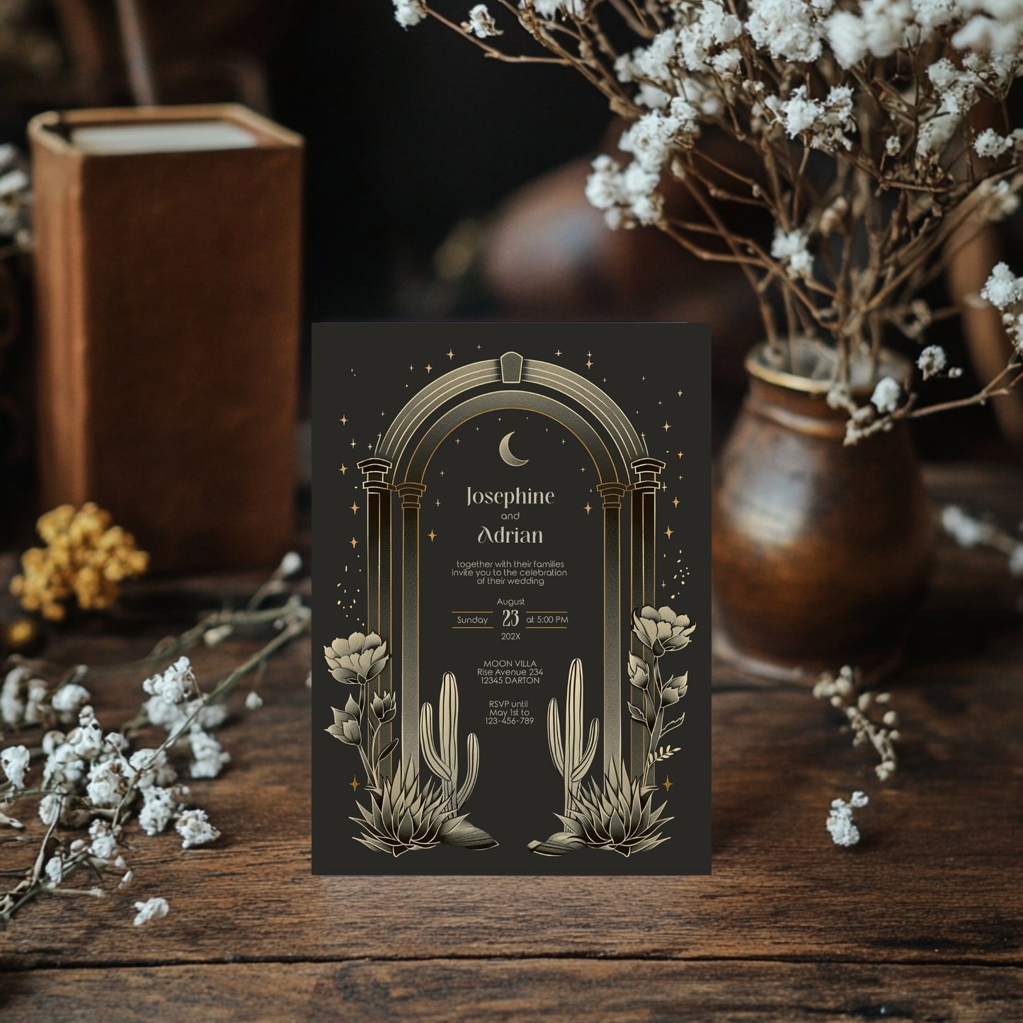 Dark Celestial Desert Wedding Invitation Set - Cactus and Moon Design, Editable 8 items, RSVP, Menu, Details & More, Digital Download
