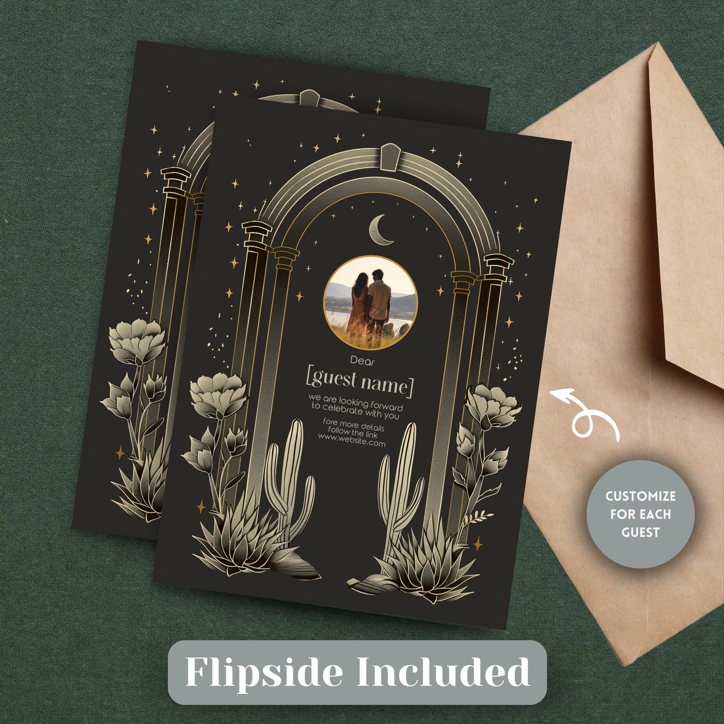 Dark Celestial Desert Wedding Invitation Set - Cactus and Moon Design, Editable 8 items, RSVP, Menu, Details & More, Digital Download