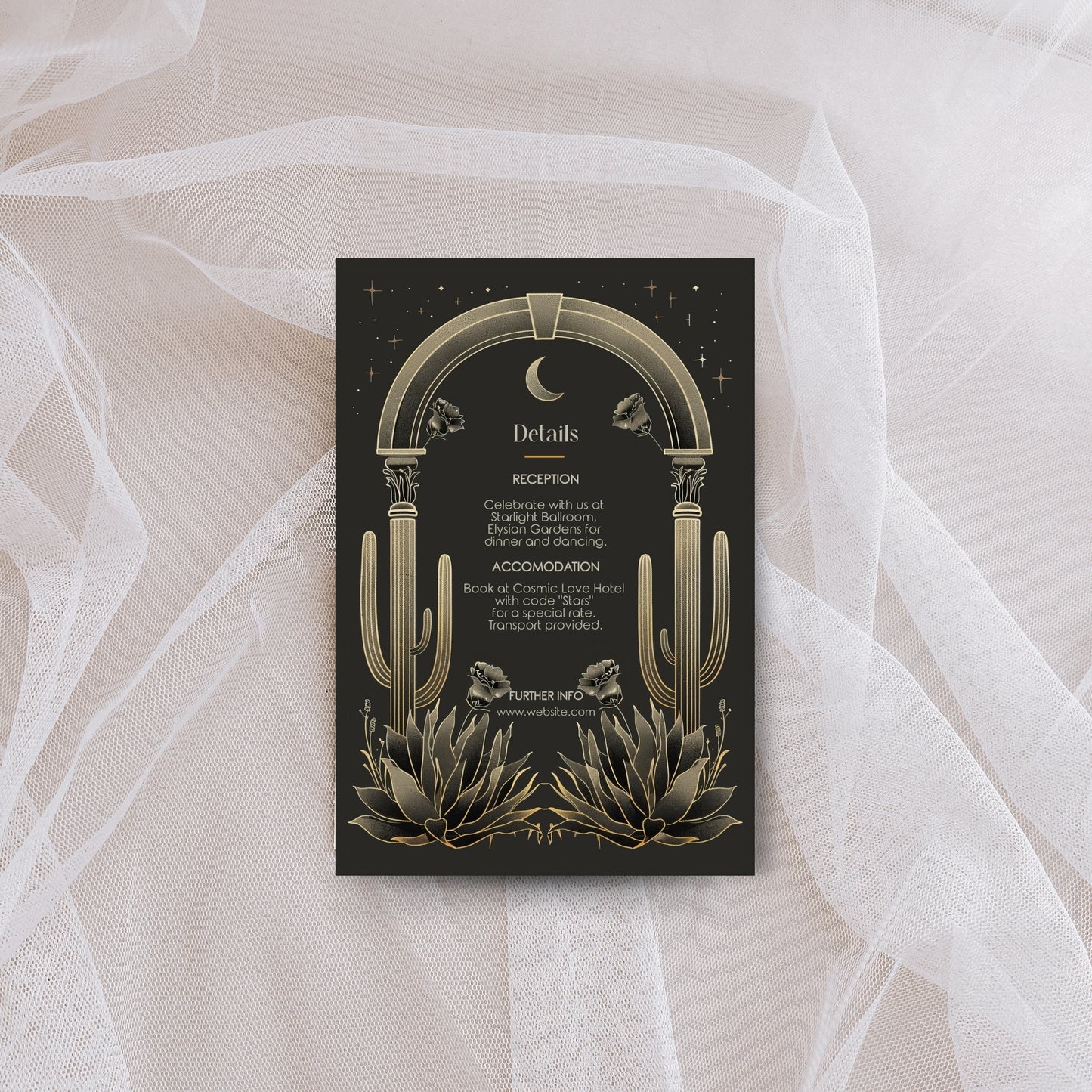 Dark Celestial Desert Wedding Invitation Set - Cactus and Moon Design, Editable 8 items, RSVP, Menu, Details & More, Digital Download