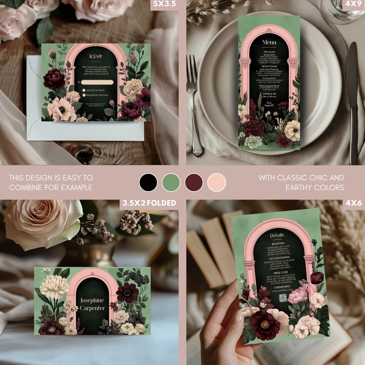 Moody Romance Wedding Invitation Set - Gothic Folk Style, Burgundy Flowers, Editable 8 items