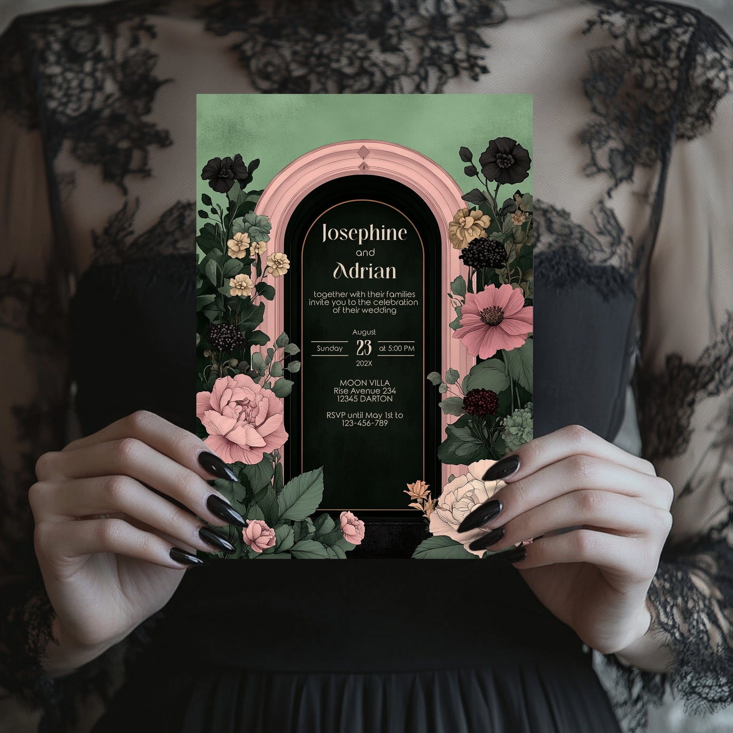 Moody Romance Wedding Invitation Set - Gothic Folk Style, Burgundy Flowers, Editable 8 items
