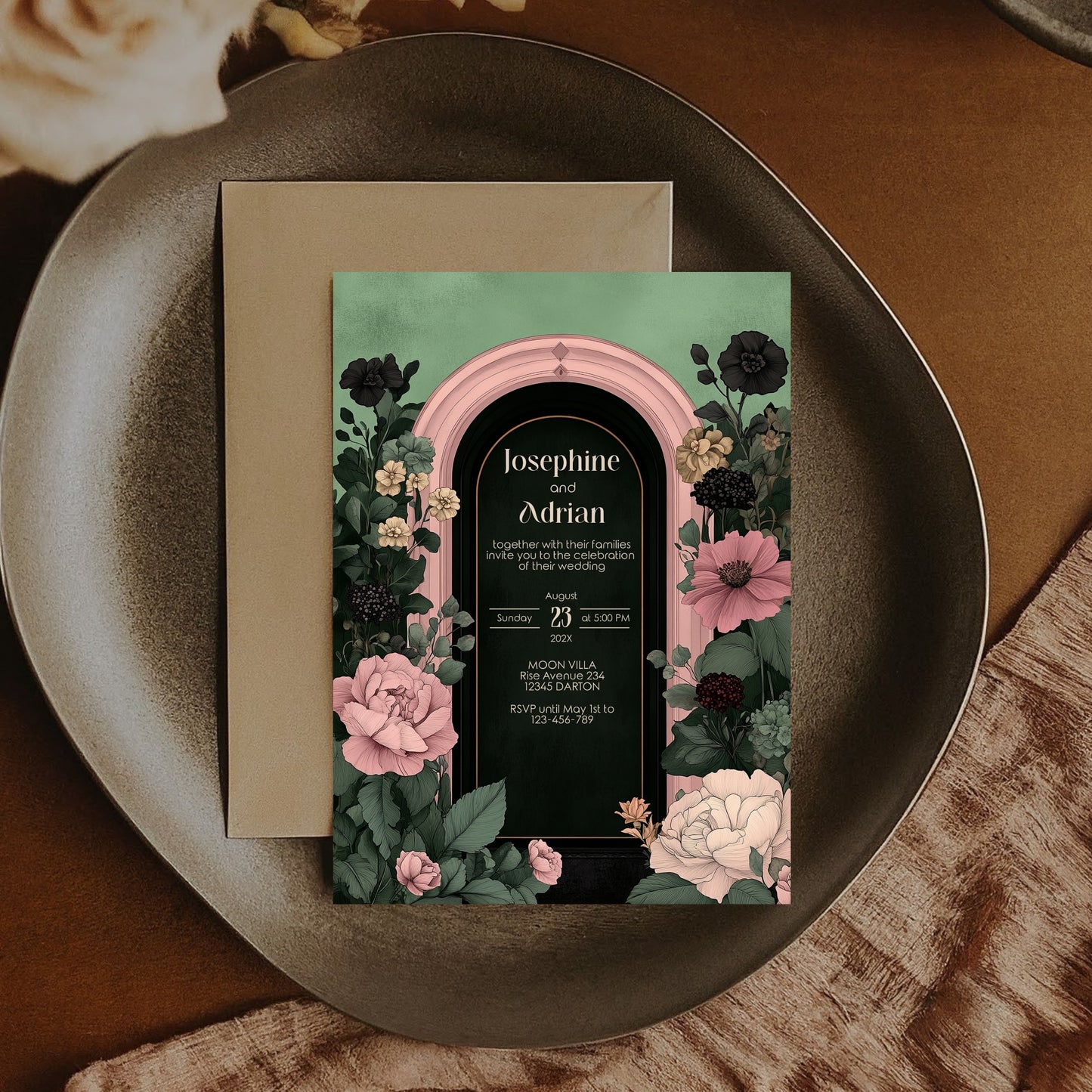 Moody Romance Wedding Invitation Set - Gothic Folk Style, Burgundy Flowers, Editable 8 items