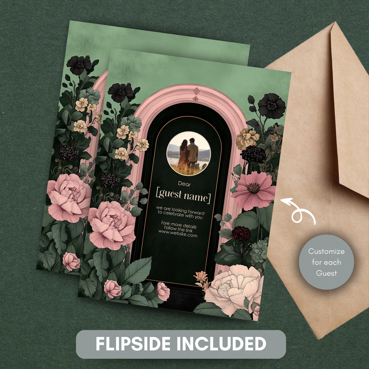 Moody Romance Wedding Invitation Set - Gothic Folk Style, Burgundy Flowers, Editable 8 items