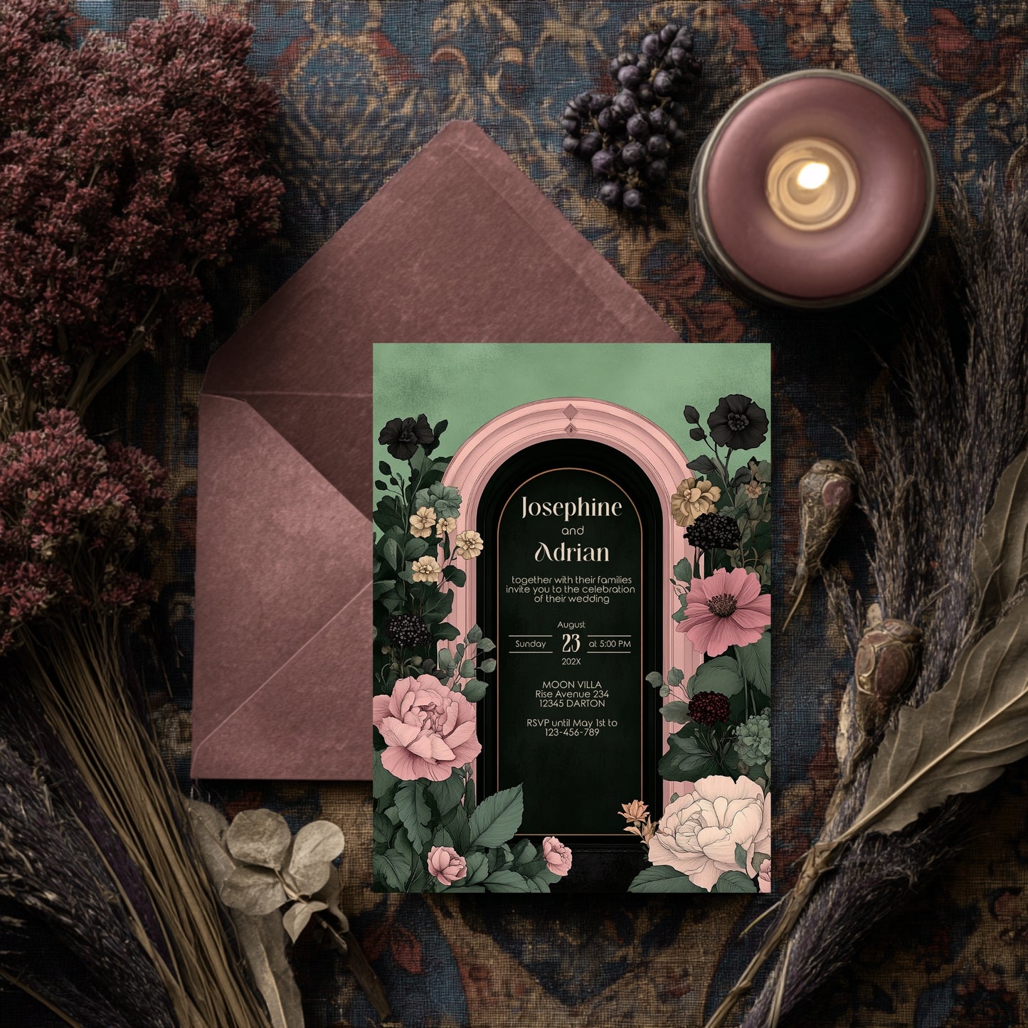 Moody Romance Wedding Invitation Set - Gothic Folk Style, Burgundy Flowers, Editable 8 items