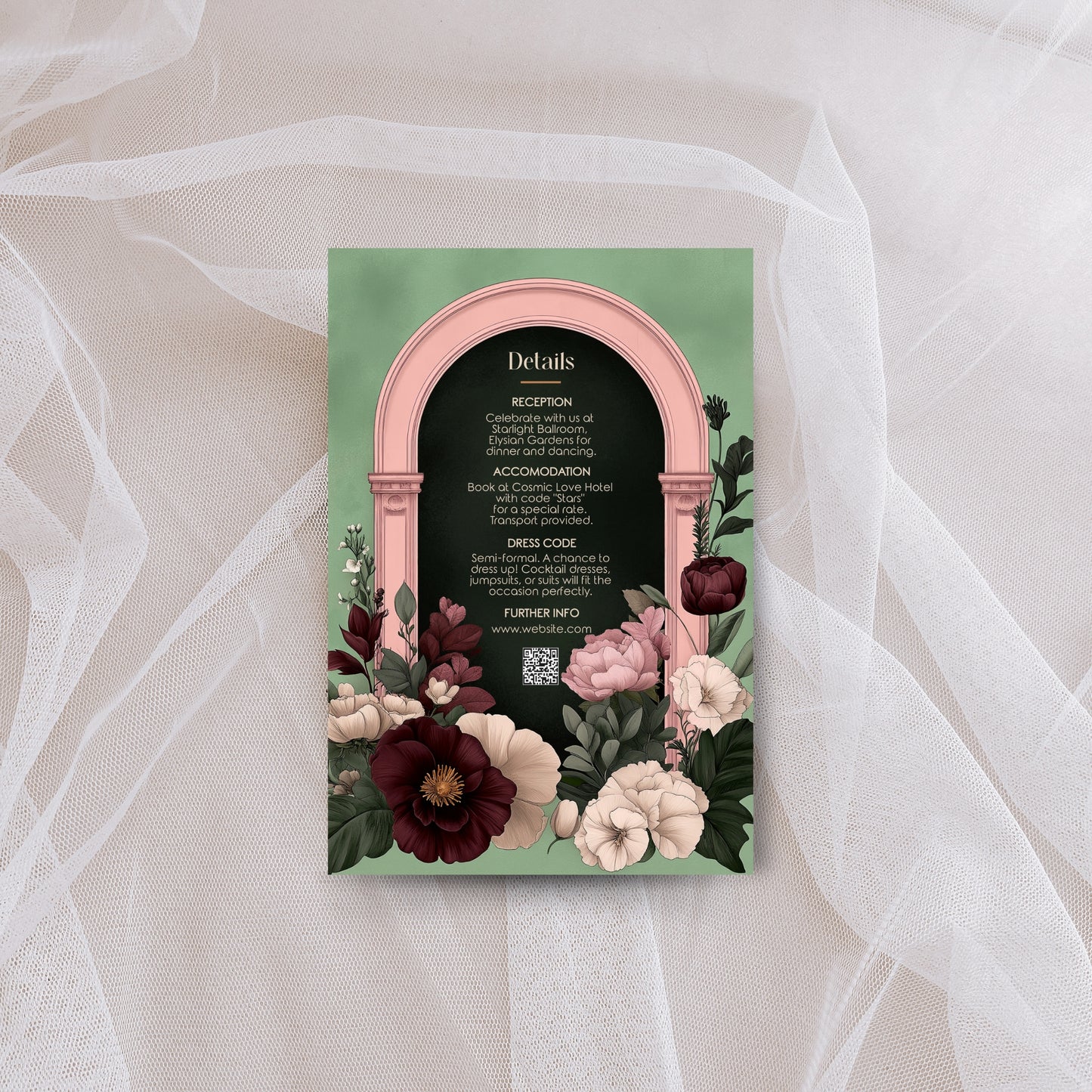 Moody Romance Wedding Invitation Set - Gothic Folk Style, Burgundy Flowers, Editable 8 items