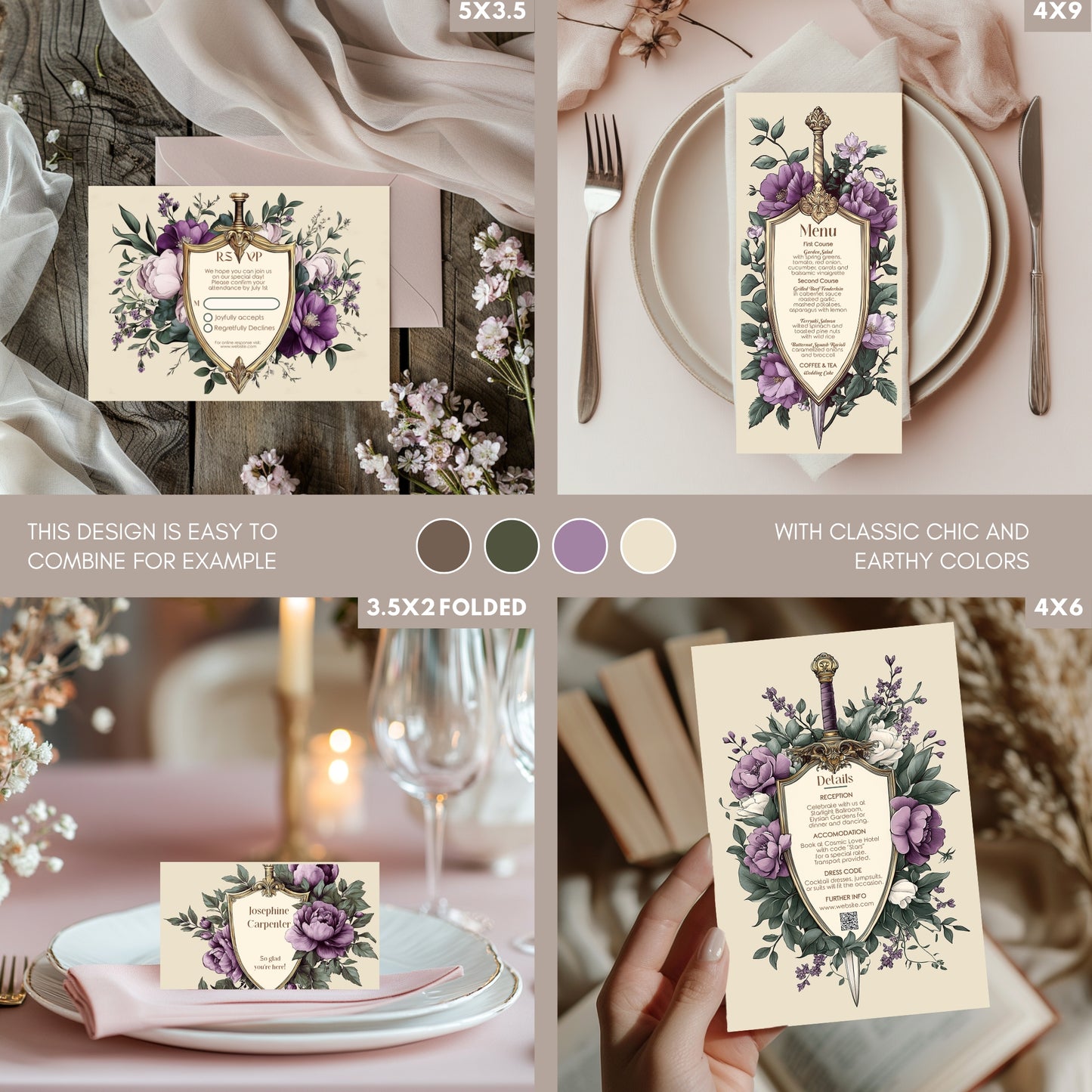 Purple Medieval Wedding Invitation Set - Gothic Floral Sword and Shield, Editable 8 items