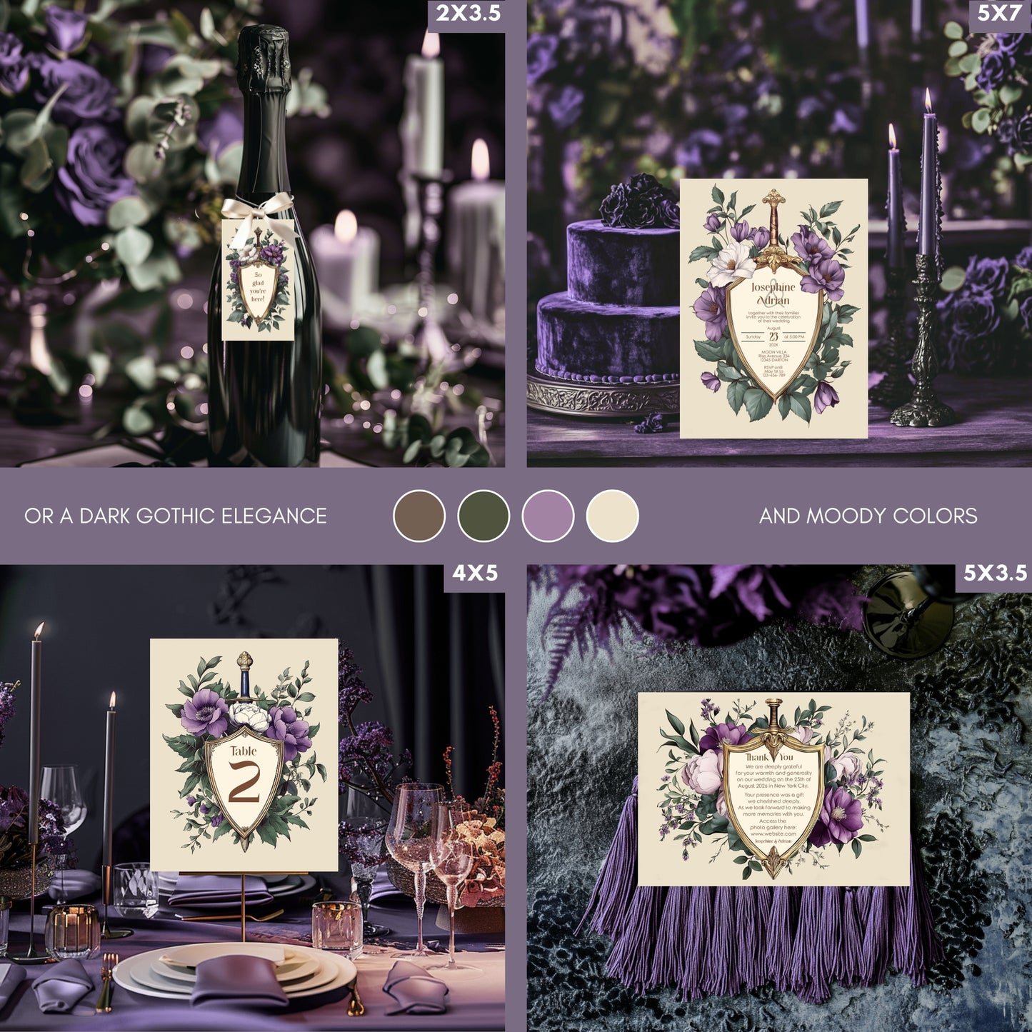 Purple Medieval Wedding Invitation Set - Gothic Floral Sword and Shield, Editable 8 items