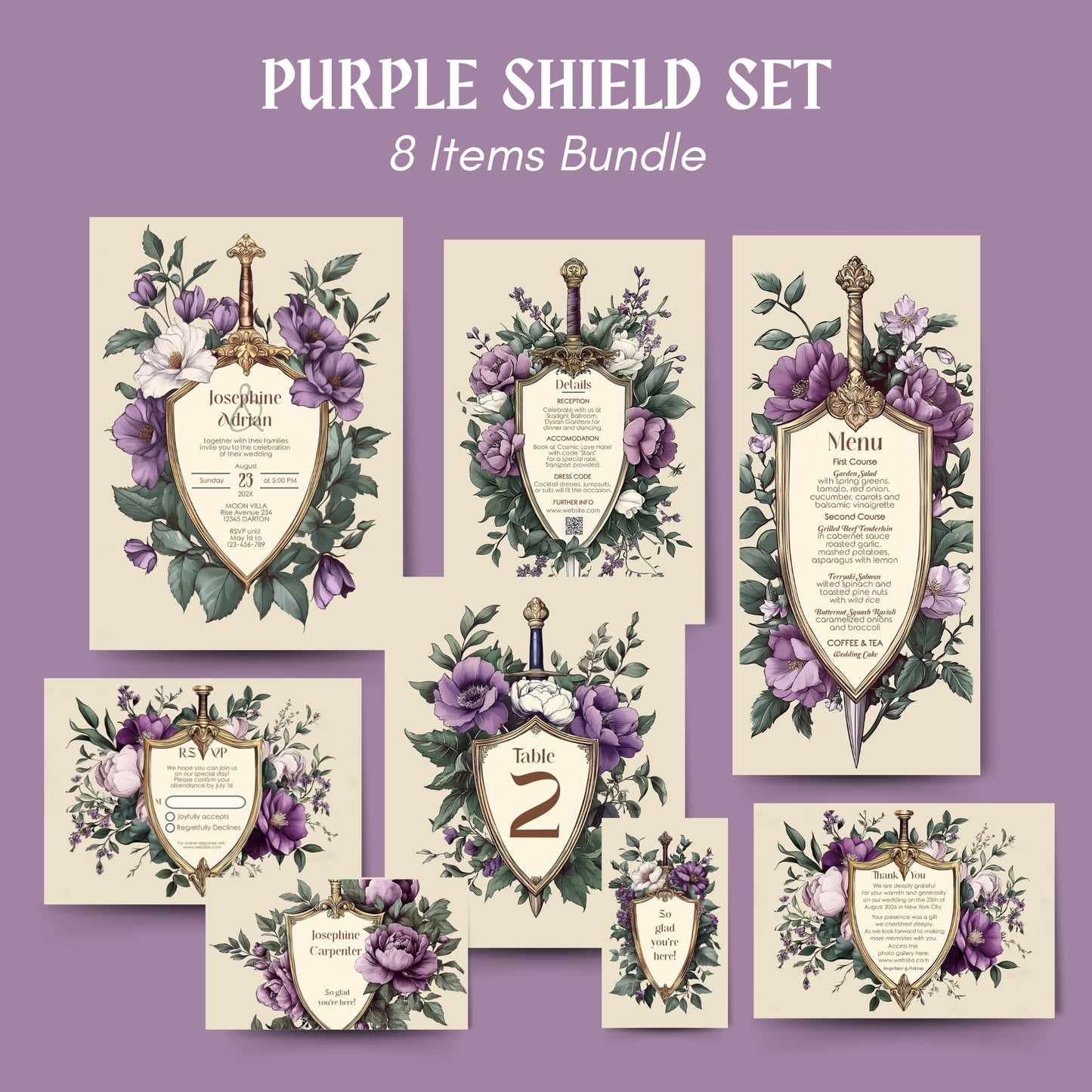 Purple shield-themed wedding invitation set with floral elements on a purple background