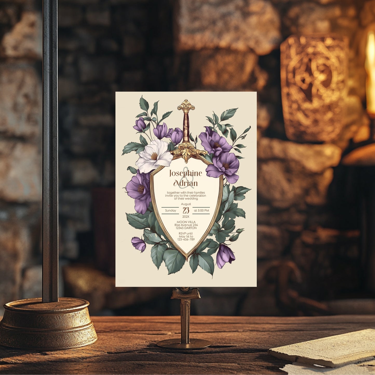Purple Medieval Wedding Invitation Set - Gothic Floral Sword and Shield, Editable 8 items