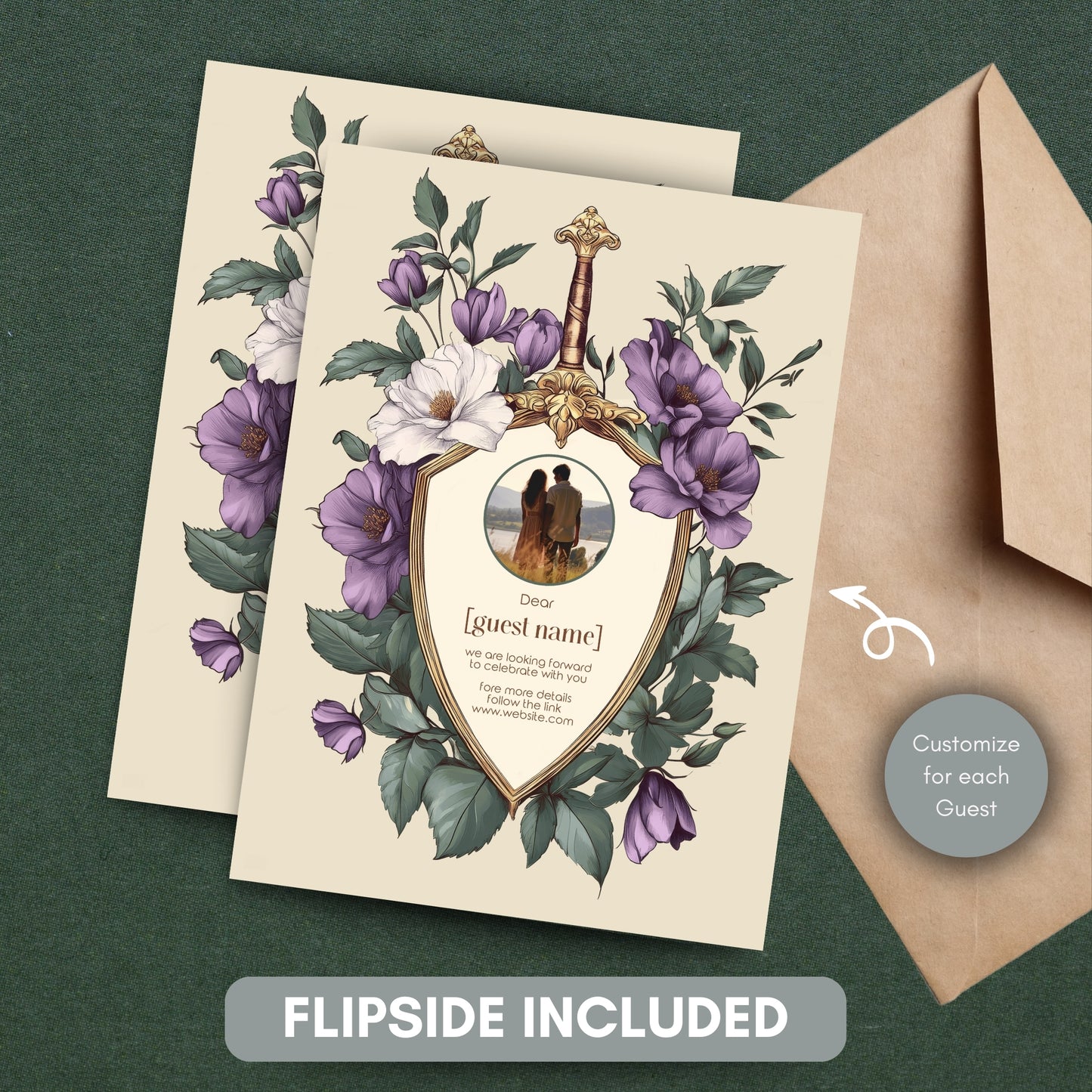 Purple Medieval Wedding Invitation Set - Gothic Floral Sword and Shield, Editable 8 items