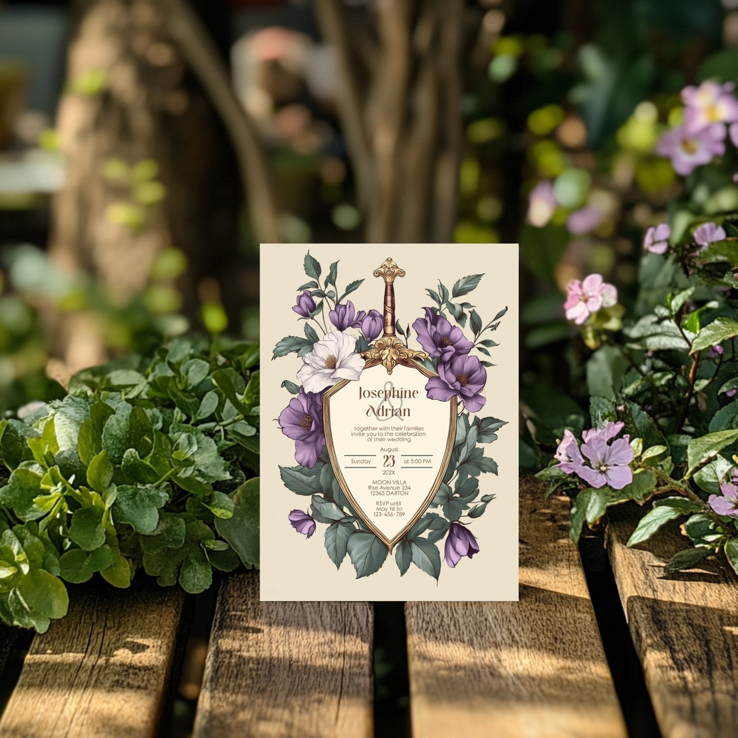 Purple Medieval Wedding Invitation Set - Gothic Floral Sword and Shield, Editable 8 items
