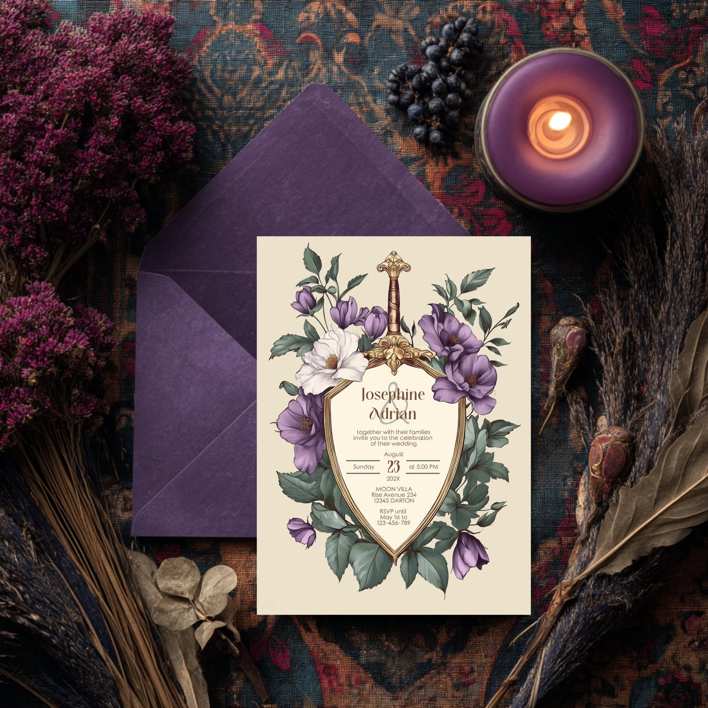 Purple Medieval Wedding Invitation Set - Gothic Floral Sword and Shield, Editable 8 items
