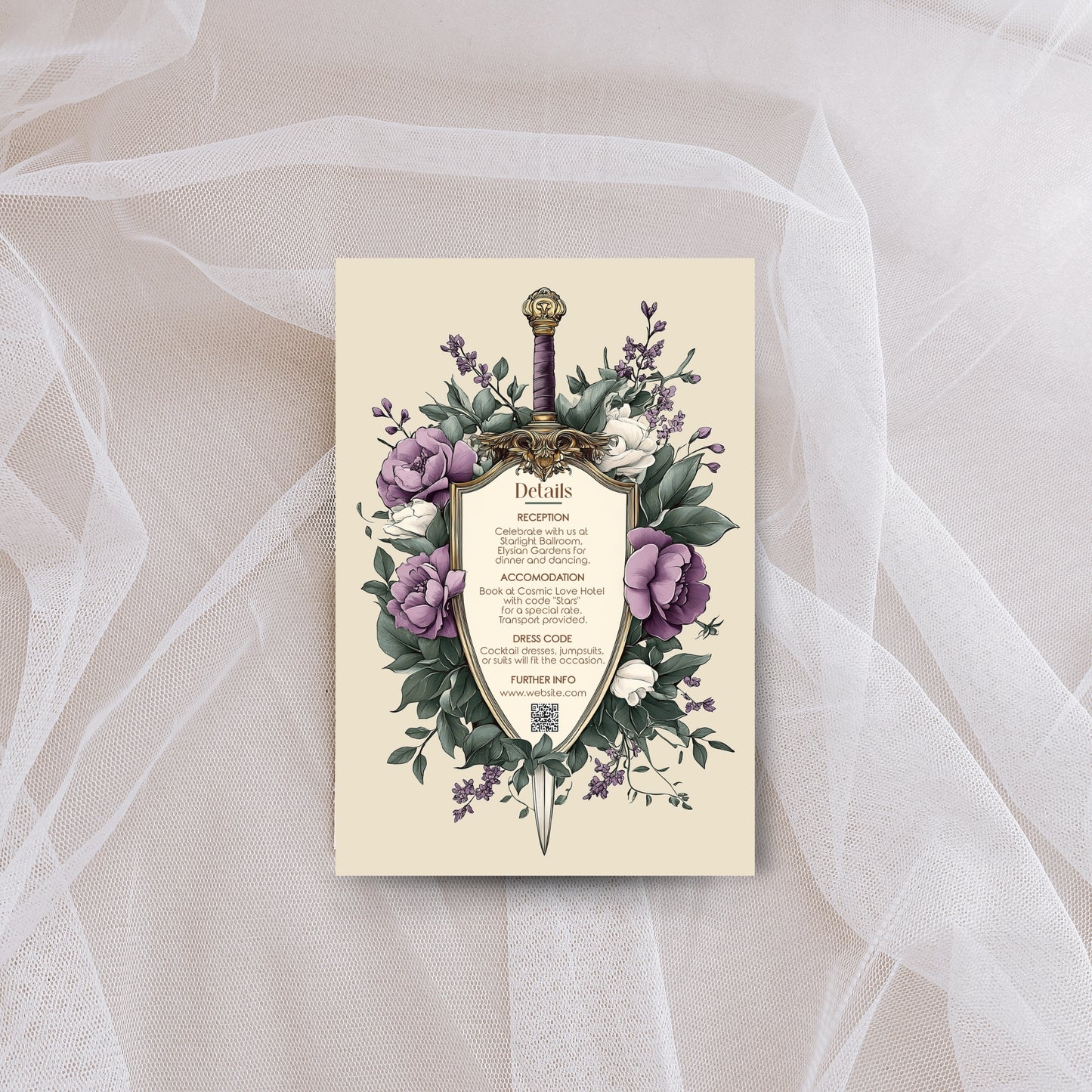 Purple Medieval Wedding Invitation Set - Gothic Floral Sword and Shield, Editable 8 items