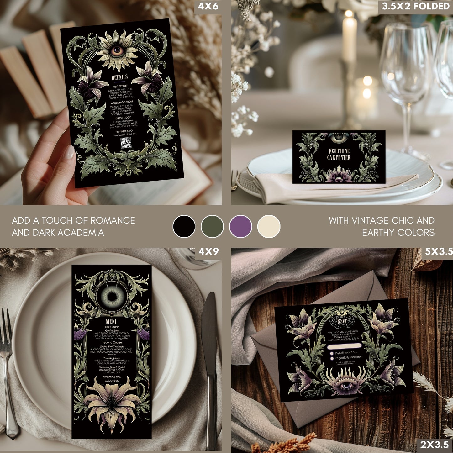 Gothic Art Nouveau Wedding Invitation Set - Green Botanical Design with Spooky Halloween Eyes -Editable 8 items Bundle