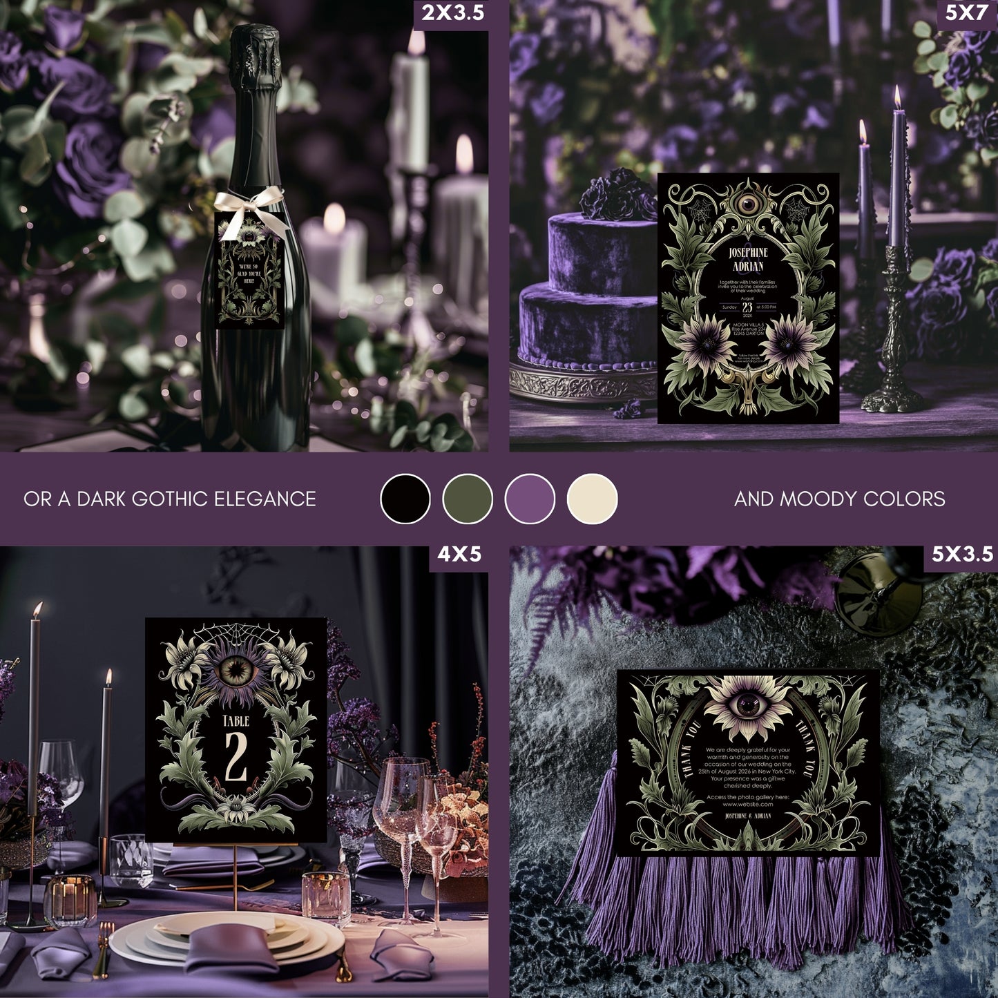Gothic Art Nouveau Wedding Invitation Set - Green Botanical Design with Spooky Halloween Eyes -Editable 8 items Bundle