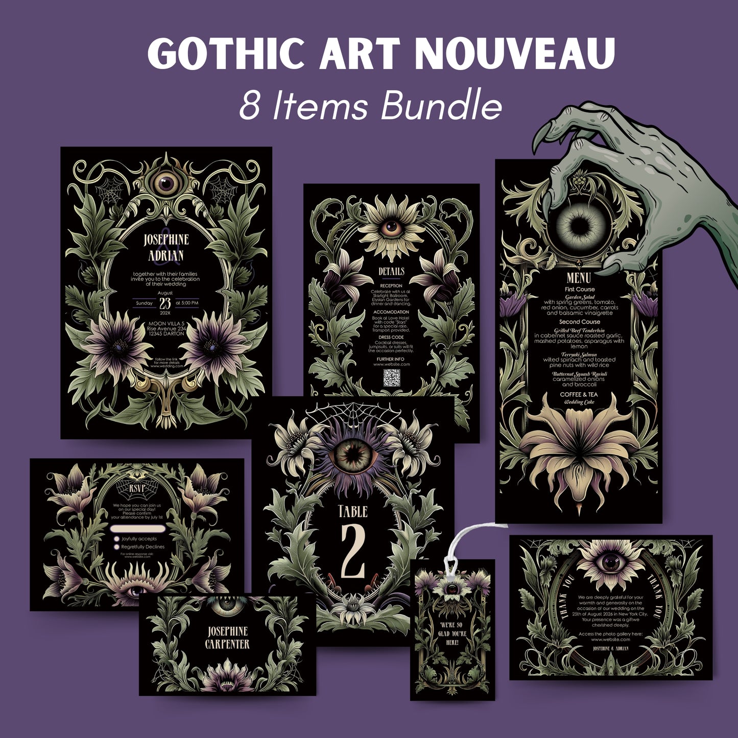 Gothic Fantasy Art Nouveau wedding invitation set with spooky eye design and floral designs on a purple background