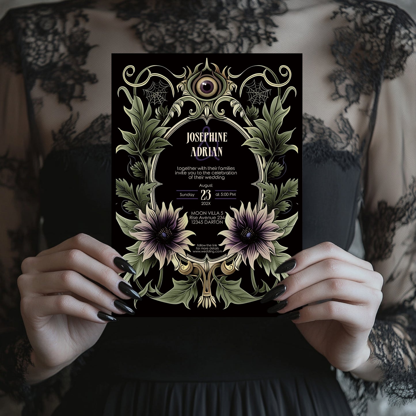 Gothic Art Nouveau Wedding Invitation Set - Green Botanical Design with Spooky Halloween Eyes -Editable 8 items Bundle