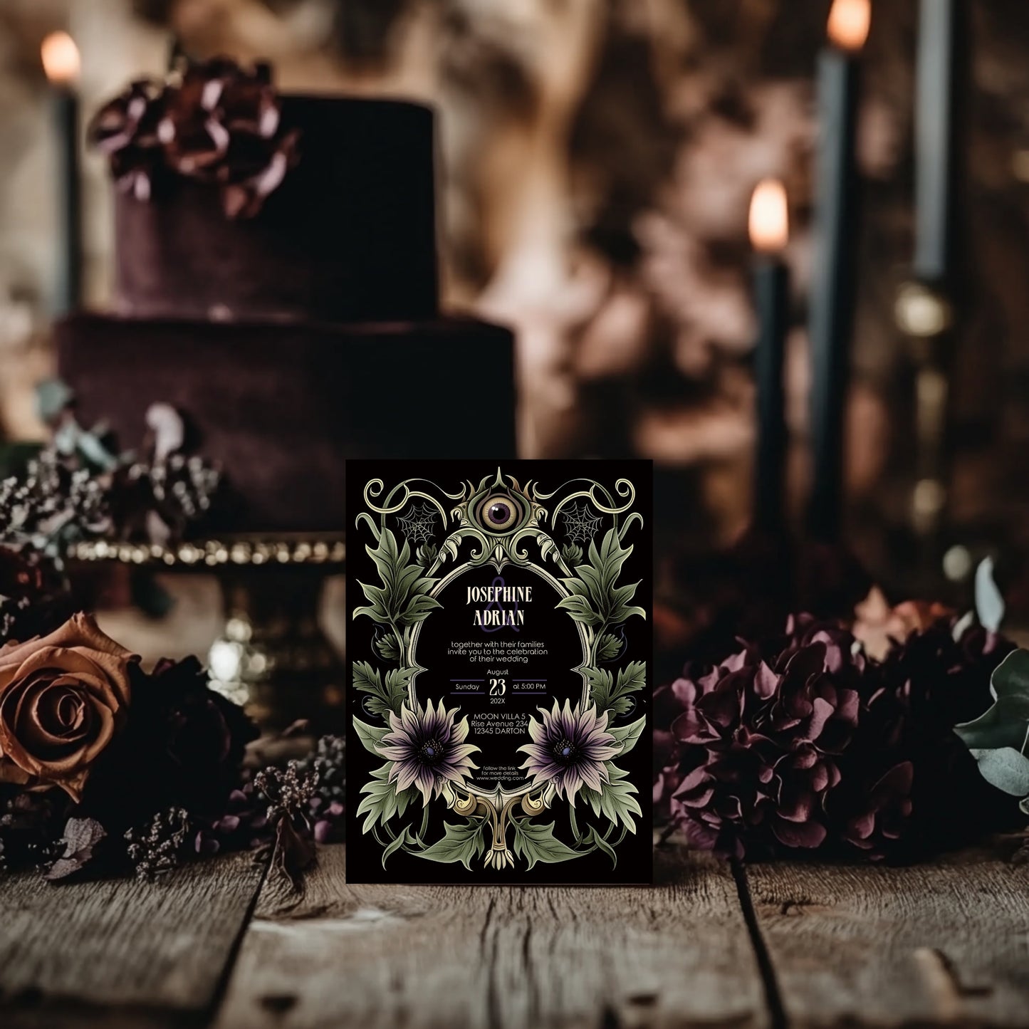 Gothic Art Nouveau Wedding Invitation Set - Green Botanical Design with Spooky Halloween Eyes -Editable 8 items Bundle
