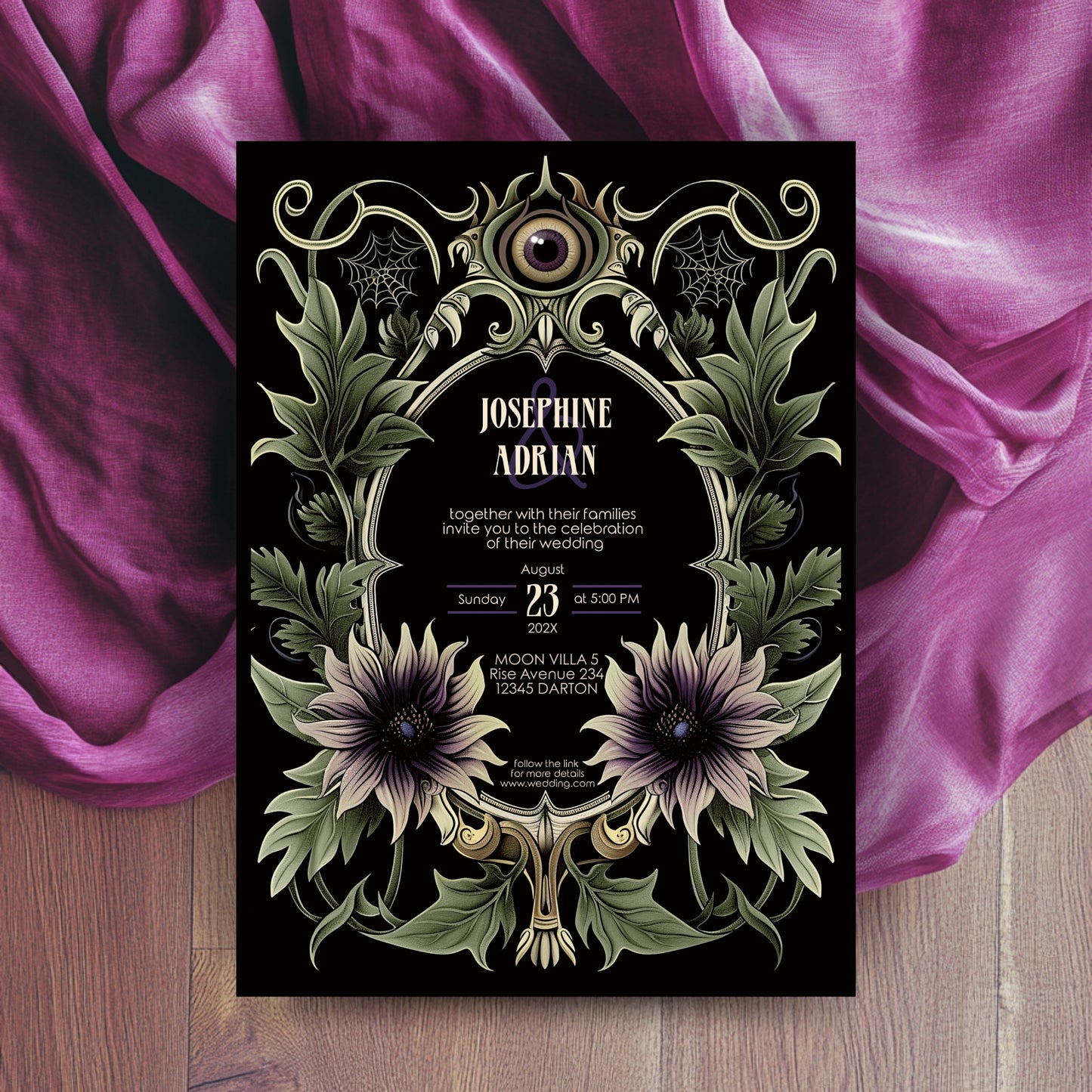Gothic Art Nouveau Wedding Invitation Set - Green Botanical Design with Spooky Halloween Eyes -Editable 8 items Bundle