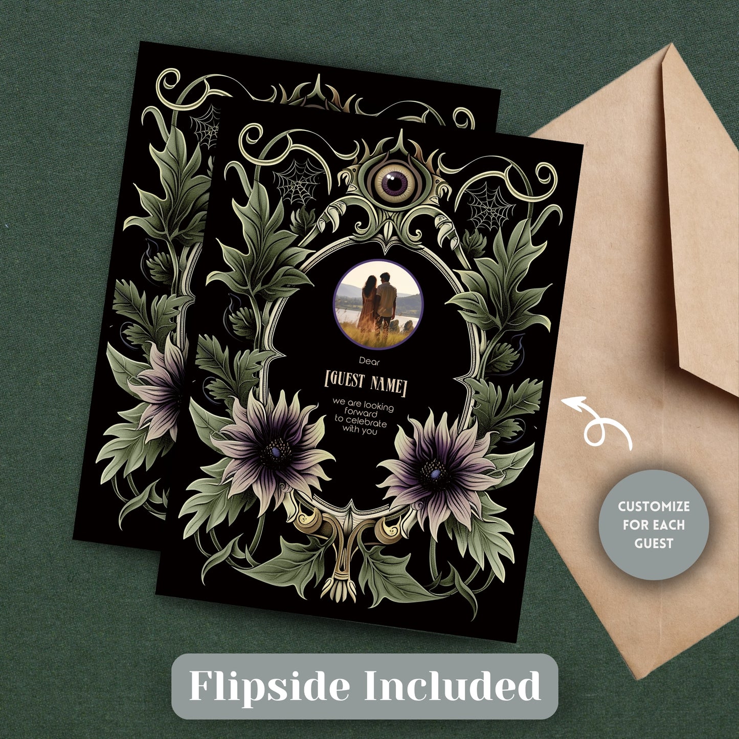 Gothic Art Nouveau Wedding Invitation Set - Green Botanical Design with Spooky Halloween Eyes -Editable 8 items Bundle