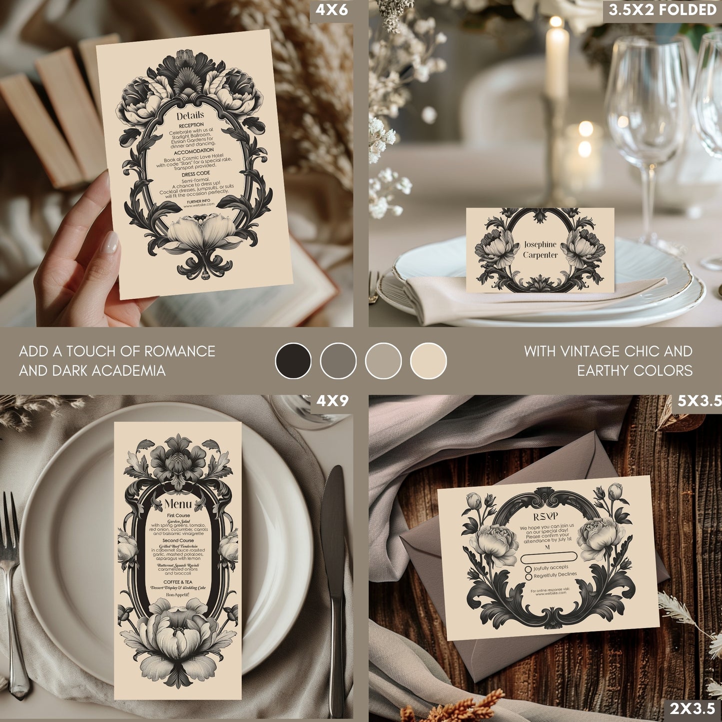 Dark Baroque Wedding Invitation Set - Vintage Beige Floral Design, Black Frame, Editable 8 items