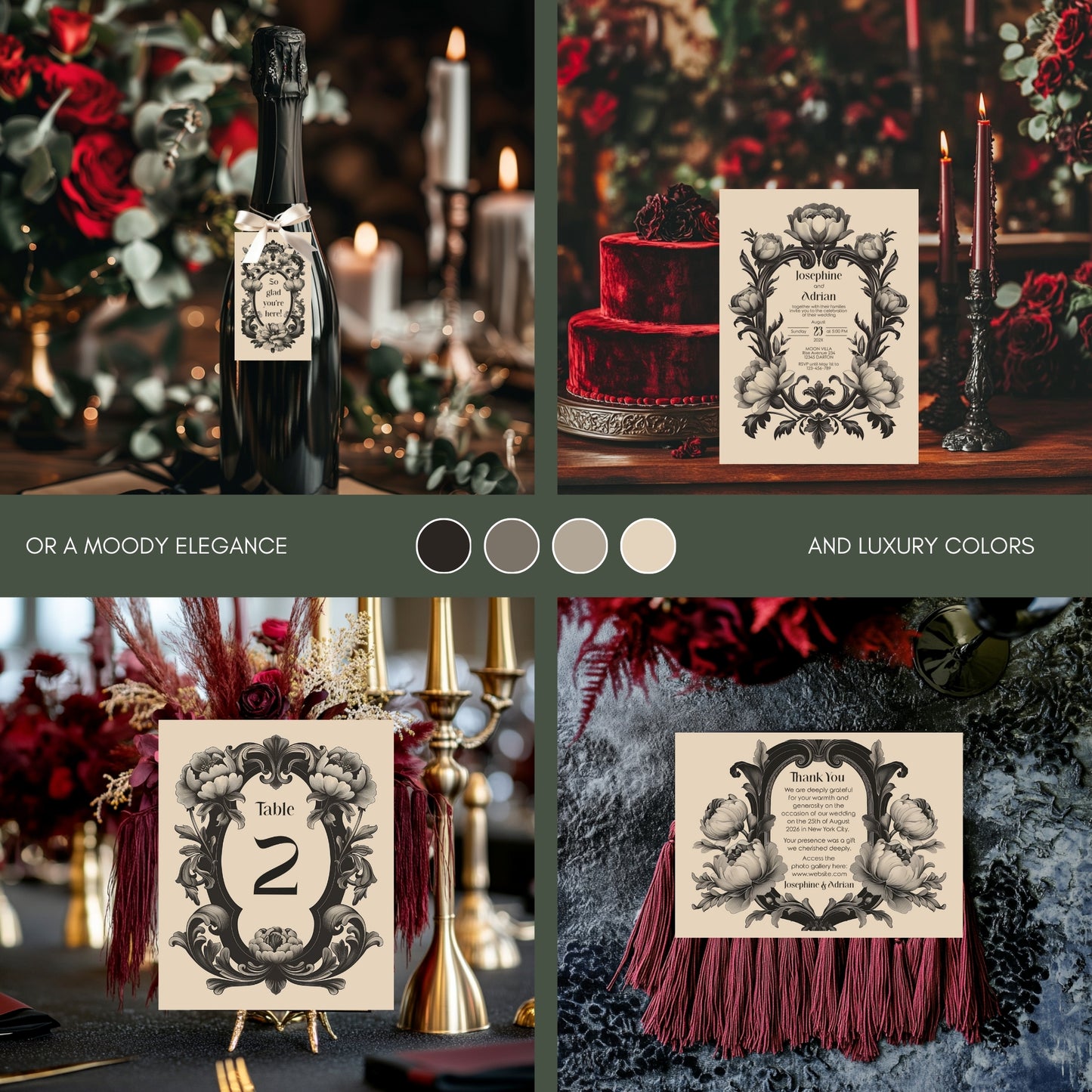 Dark Baroque Wedding Invitation Set - Vintage Beige Floral Design, Black Frame, Editable 8 items