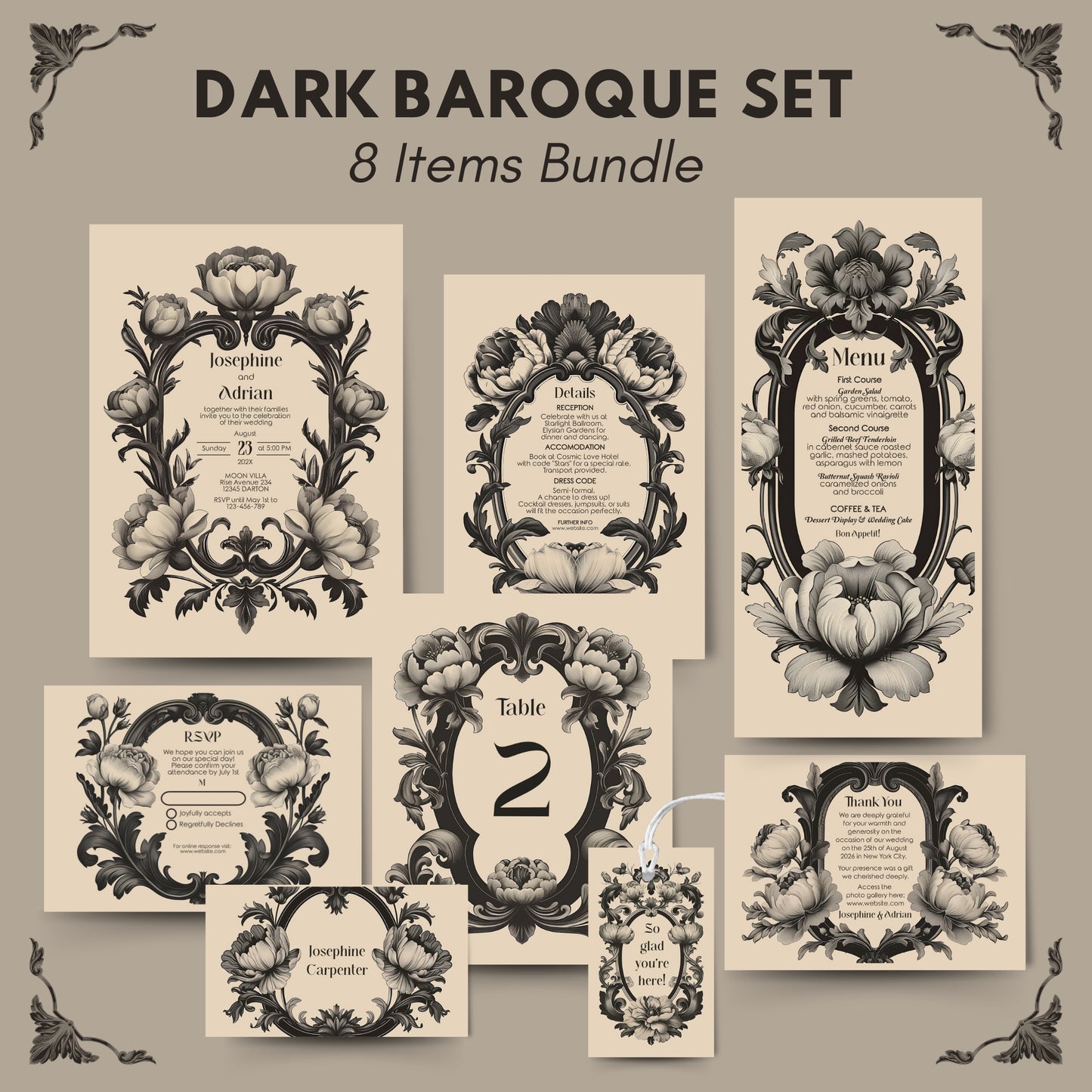 Dark Baroque Wedding Invitation Set - Vintage Beige Floral Design, Black Frame, Editable 8 items