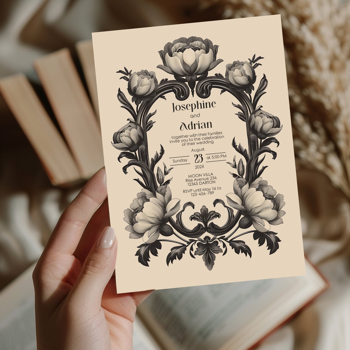Dark Baroque Wedding Invitation Set - Vintage Beige Floral Design, Black Frame, Editable 8 items