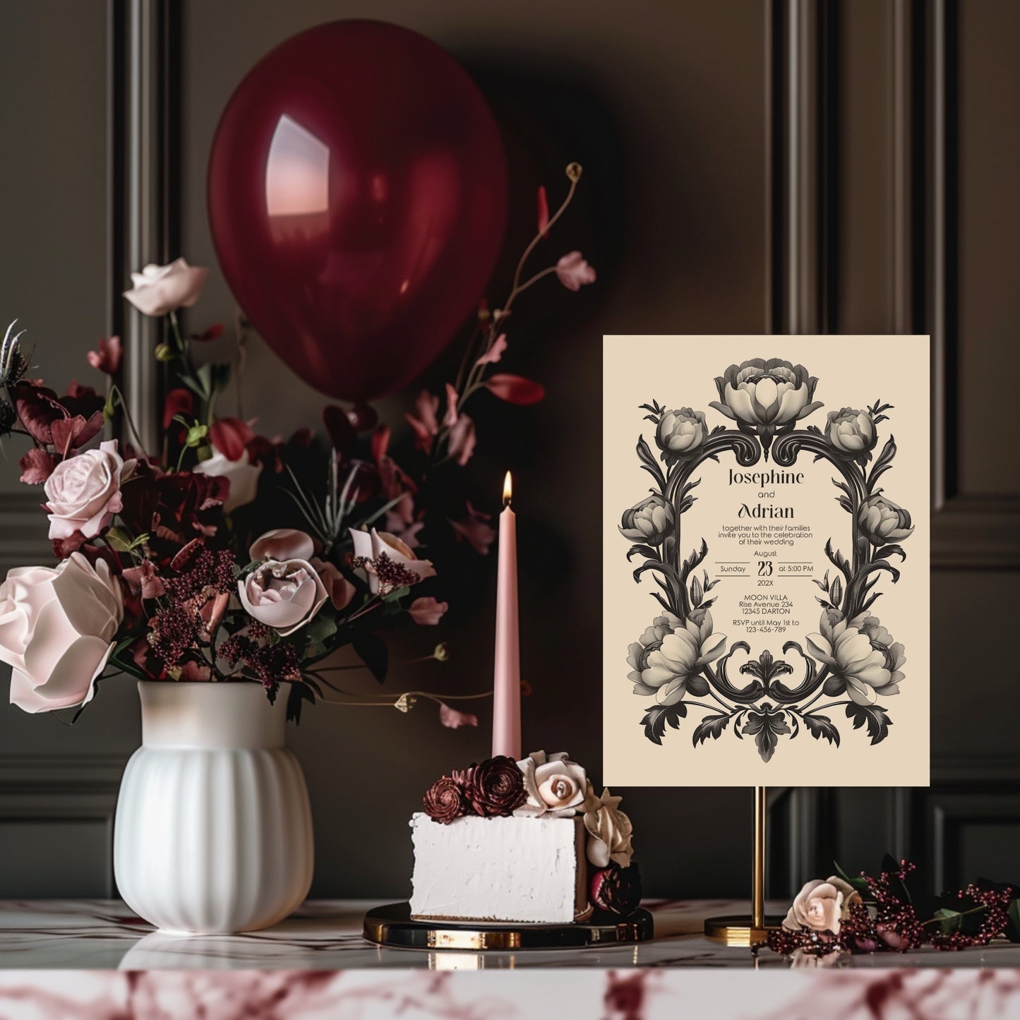 Dark Baroque Wedding Invitation Set - Vintage Beige Floral Design, Black Frame, Editable 8 items