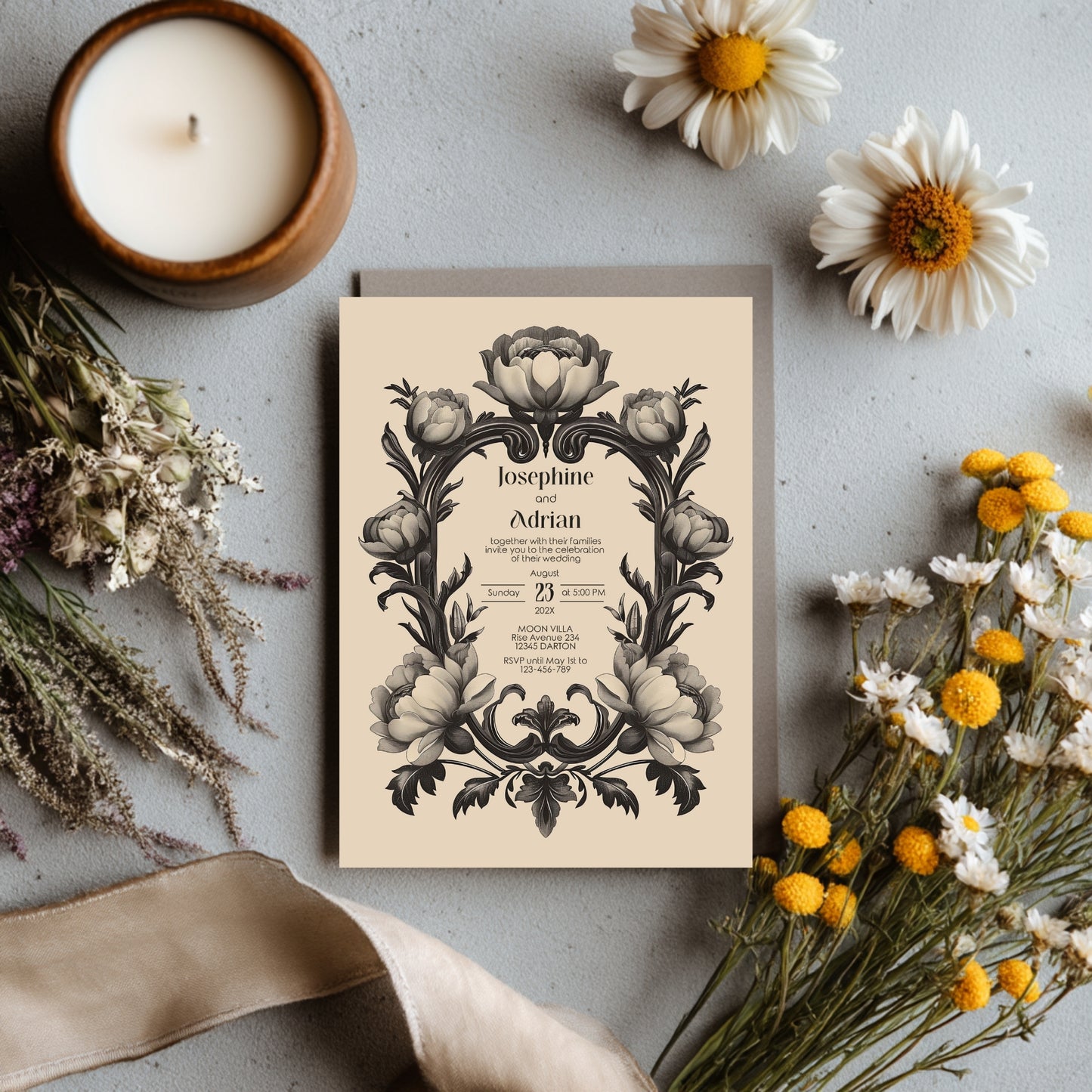 Dark Baroque Wedding Invitation Set - Vintage Beige Floral Design, Black Frame, Editable 8 items
